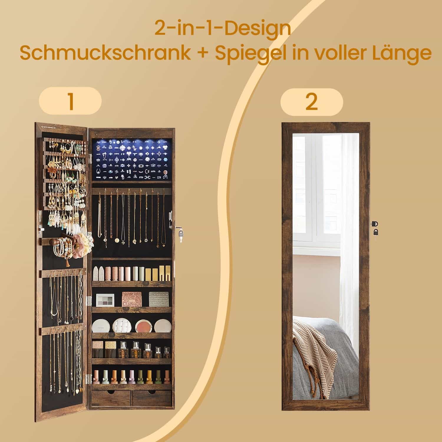 Schmuckschrank hängend, Wandspiegel, 6 LED-Glühbirnen Schmuckschrank hängend, Wandspiegel, 6 LED-Glühbirnen