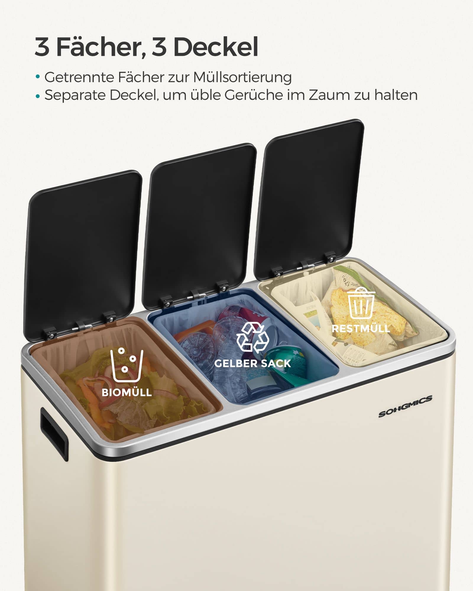 Mülltrennsystem 3 Fächer 3 x 18 L mit Deckel sandbeige