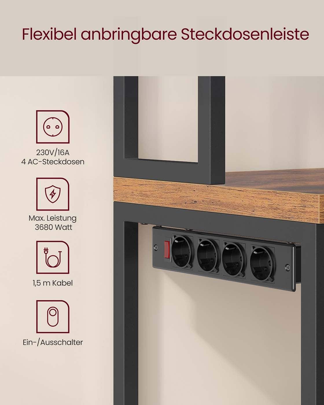 Küchenregal mit Steckdosen und Haken für praktische Aufbewahrung