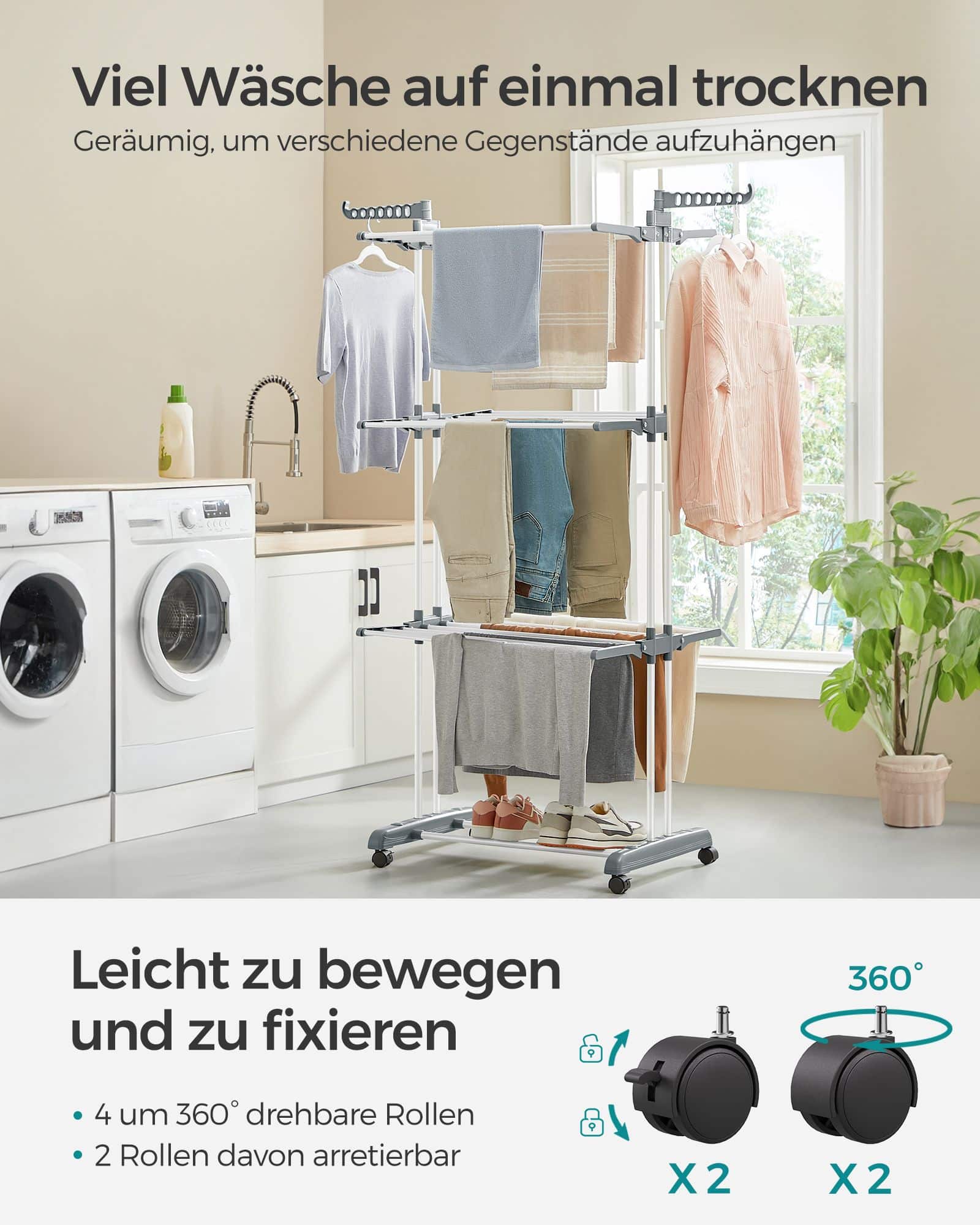 Wäscheständer 4 Ebenen mit klappbaren Flügeln und Rollen weiß Wäscheständer 4 Ebenen mit klappbaren Flügeln und Rollen weiß