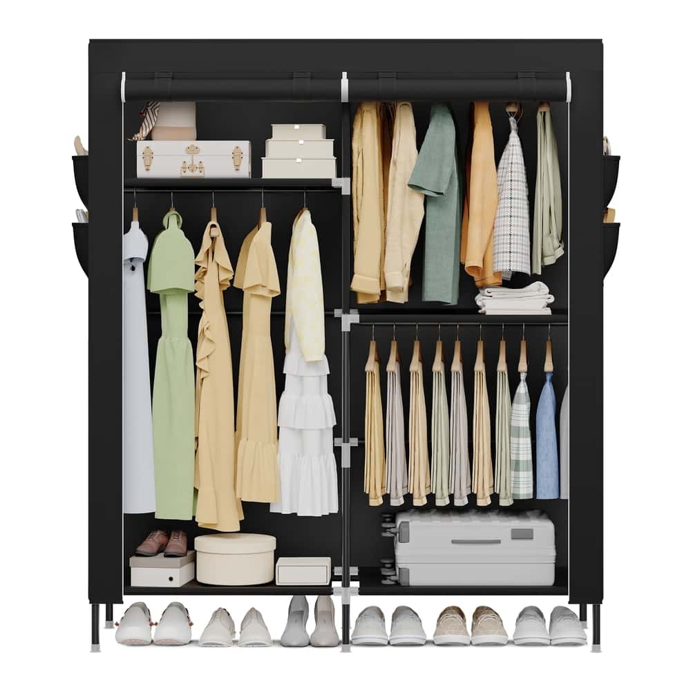 Stoffschrank mit Kleiderstange, Kleiderschrank mit Seitentaschen, Schrank für Schlafzimmer