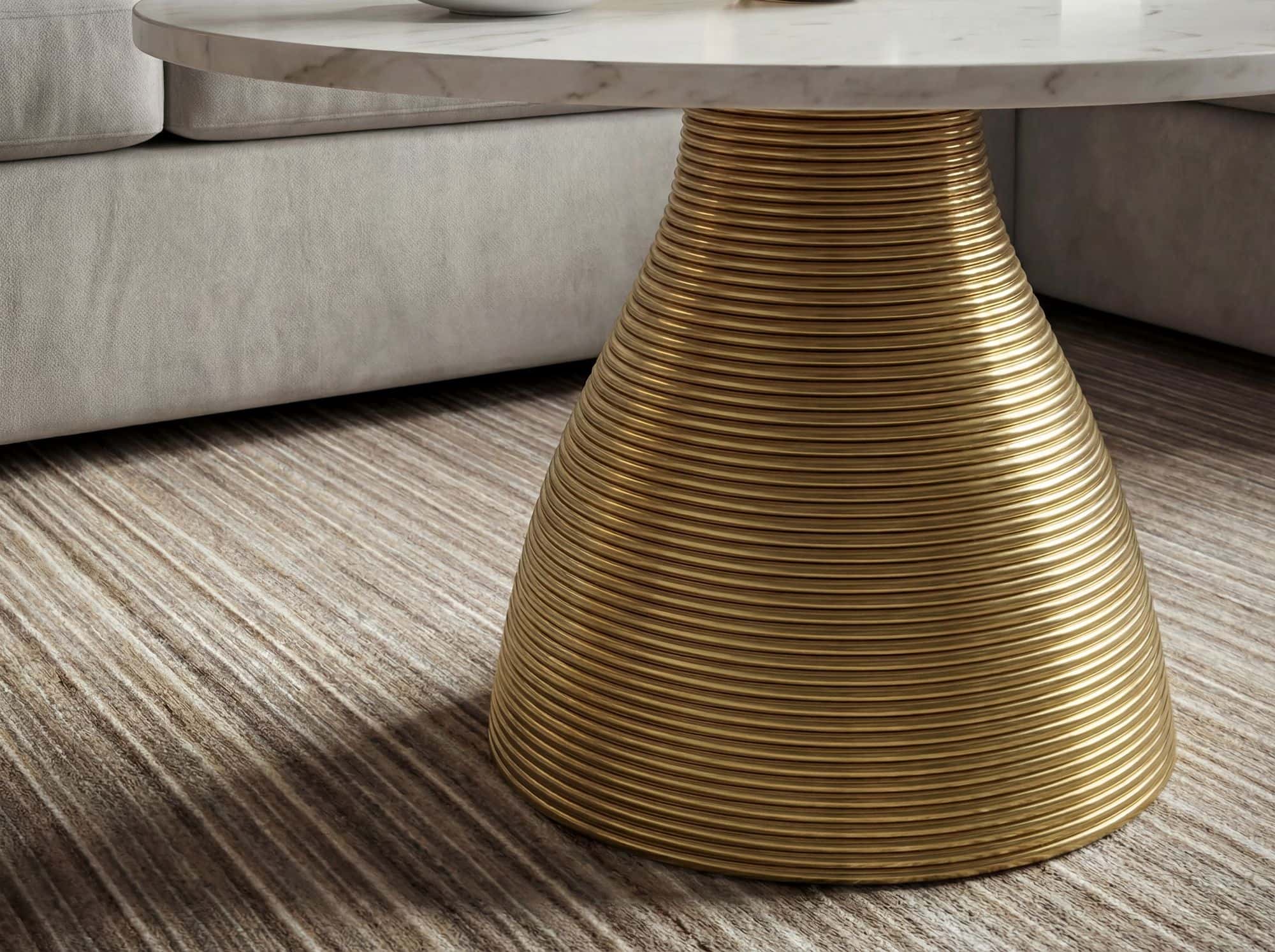 Couchtisch Metall mit weißer Marmor Tischplatte 60cm Rund - Moderner Wohnzimmertisch Aluminium Gold - Design Sofatisch Alu - Loungetisch Rillenoptik - Edler Beistelltisch Handmade