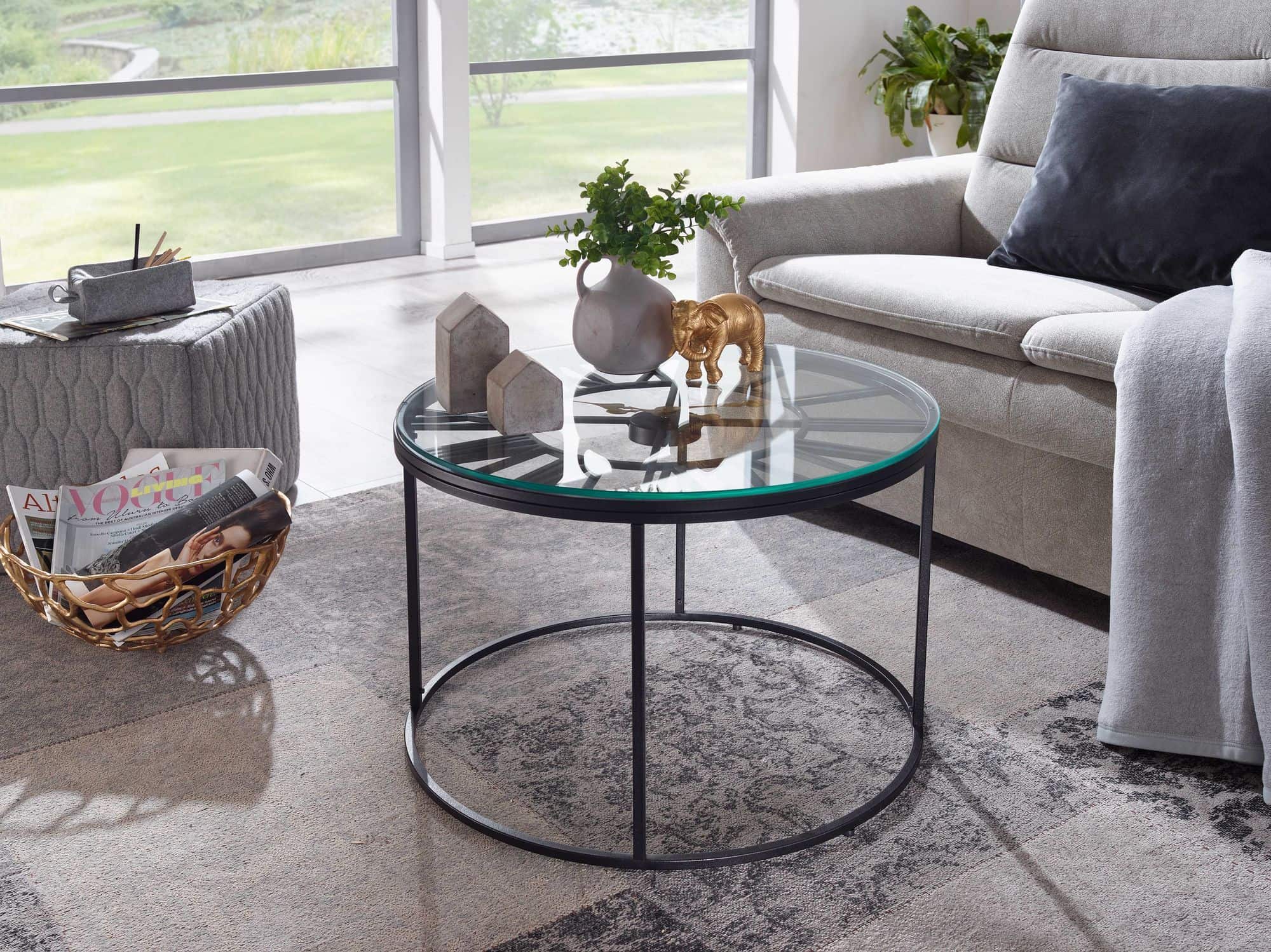 Couchtisch Glas Metall 60x60x43 cm Sofatisch Schwarz mit Deko-Uhr