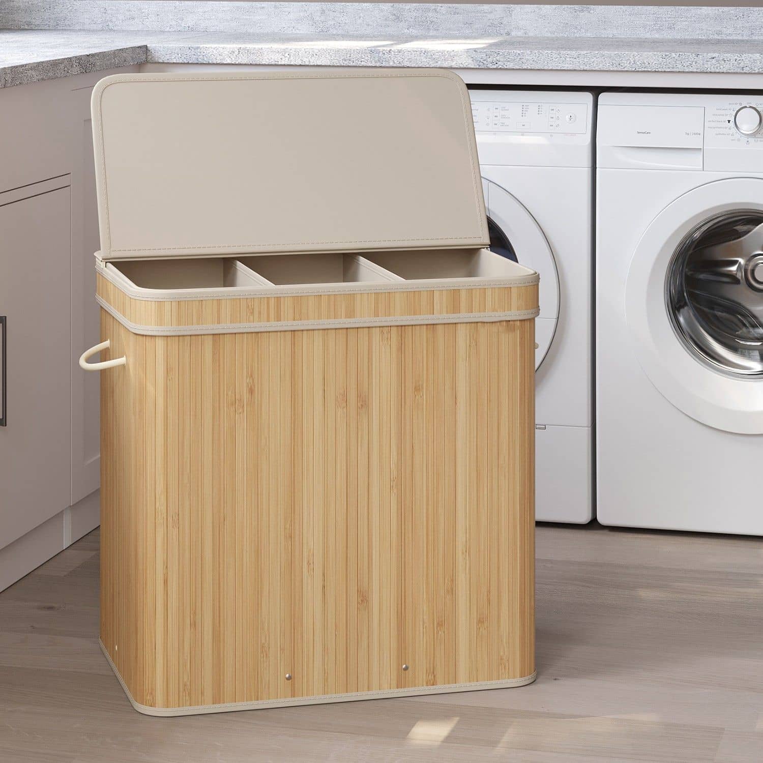 Wäschekorb mit Deckel, Wäschesammler Bambus, Wäschesack mit Griffen herausnehmbar und maschinenwaschbar