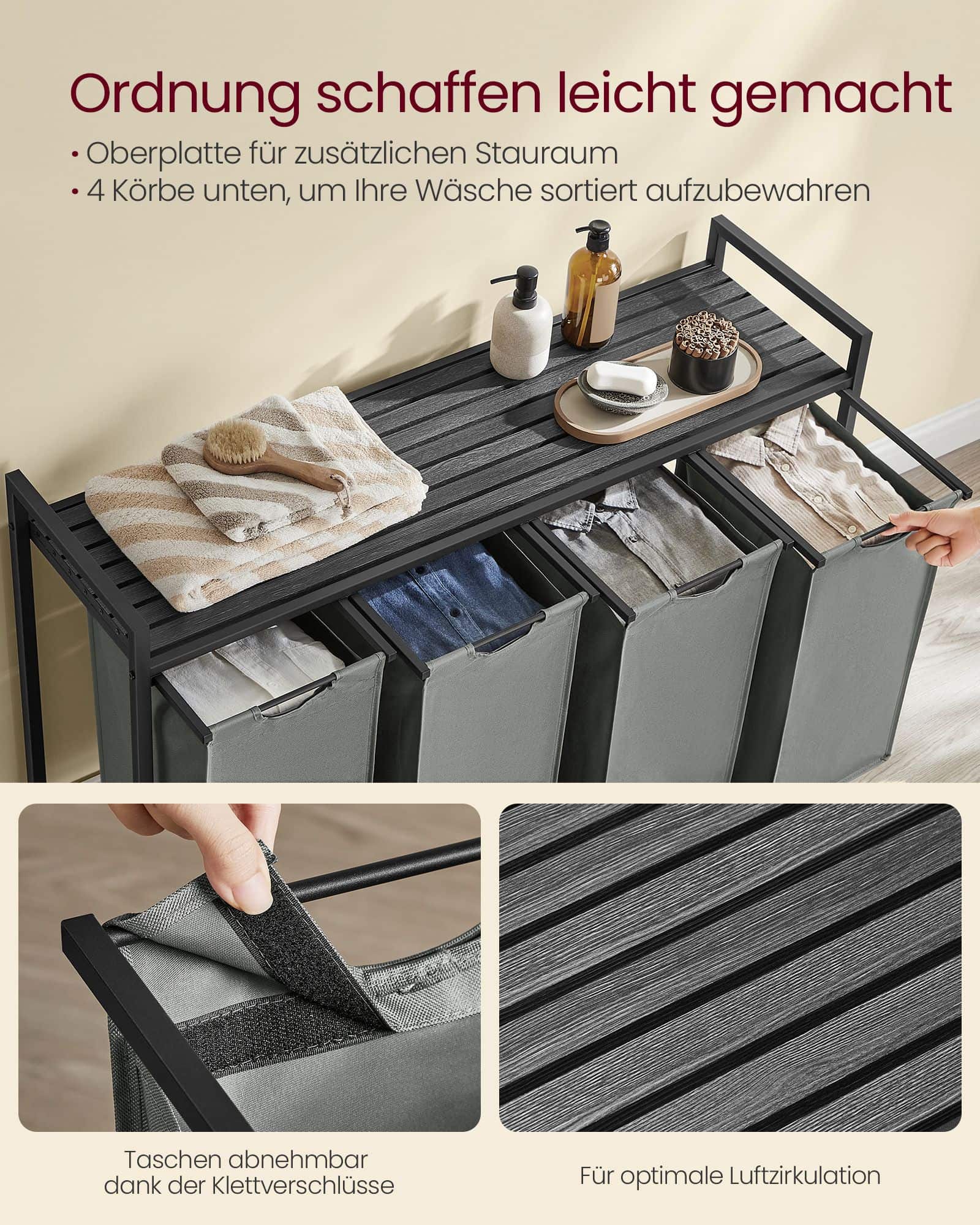 Wäschekorb 4 Fächer mit Ablage schwarz-grau Wäschekorb 4 Fächer mit Ablage schwarz-grau