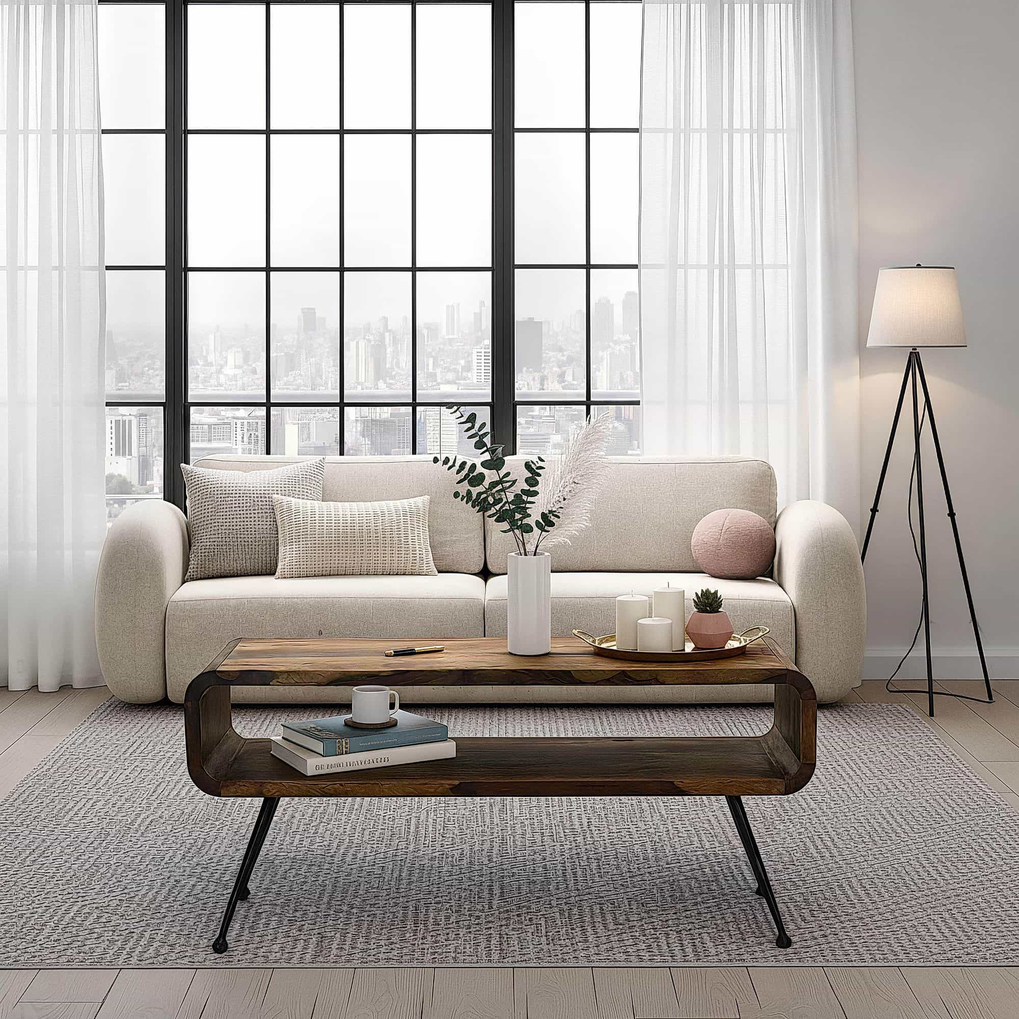 Retro Couchtisch Sheesham Massivholz 100cm · Wohnzimmertisch rechteckig mit Ablagefach · Handgefertigter Sofatisch aus Holz mit Metallbeinen im Industrial Design