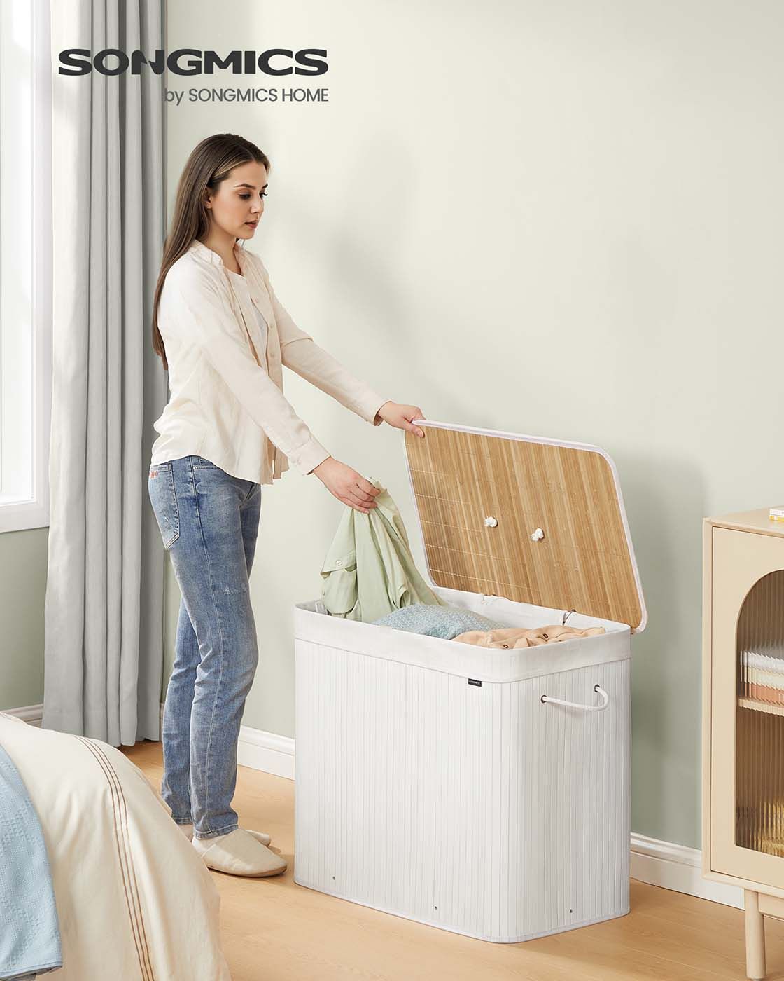 Wäschekorb mit 3 Fächern und herausnehmbarem Wäschesack Weiß