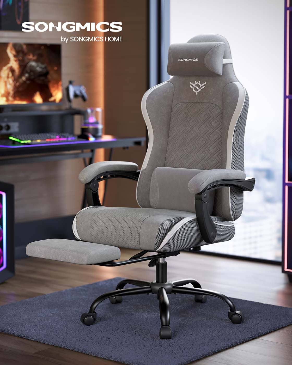 Ergonomischer Gaming Stuhl mit Fußstütze und Federkissen Ergonomischer Gaming Stuhl mit Fußstütze und Federkissen
