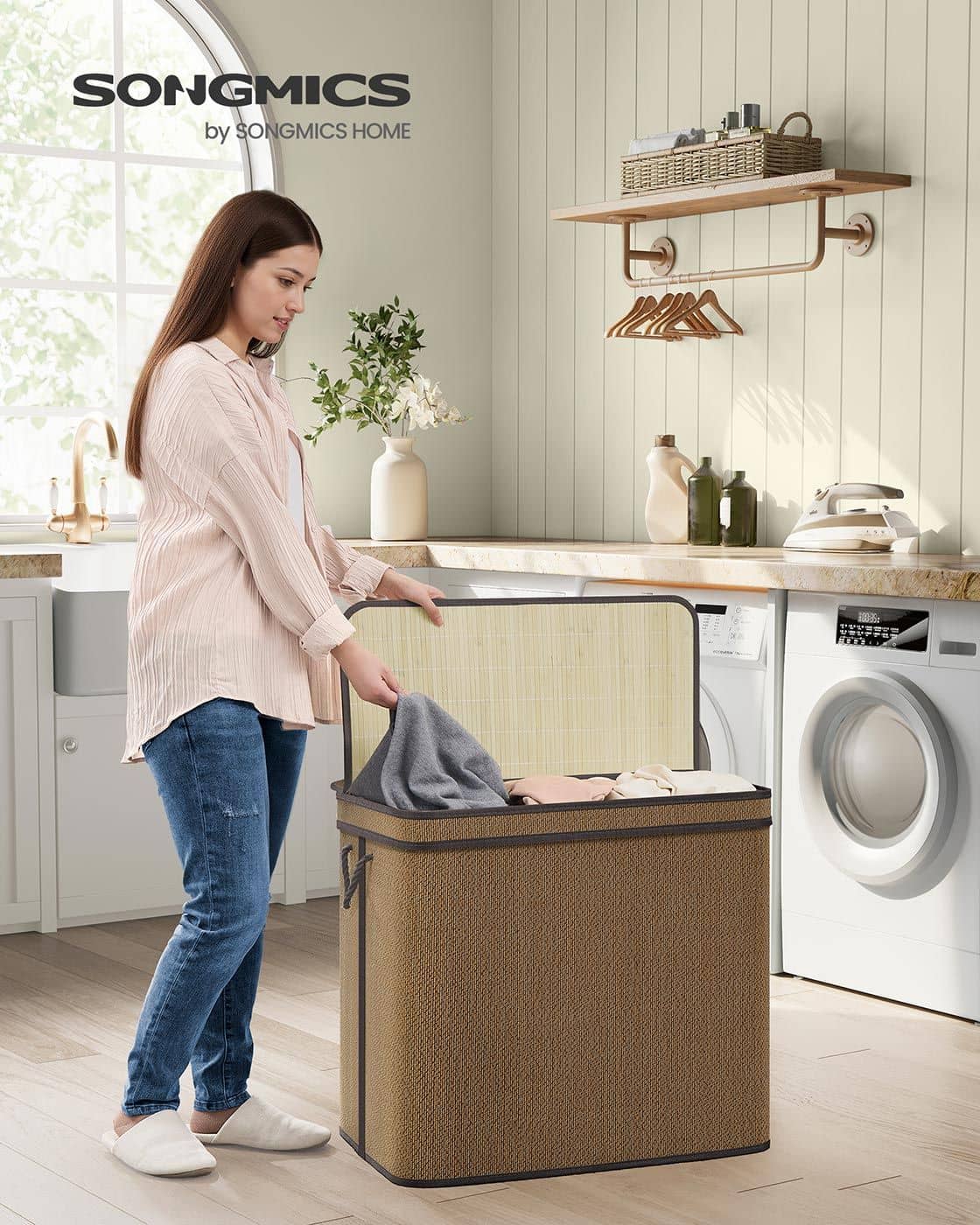 Wäschekorb 170 Liter aus Bambus mit 3 Fächern und Deckel braun