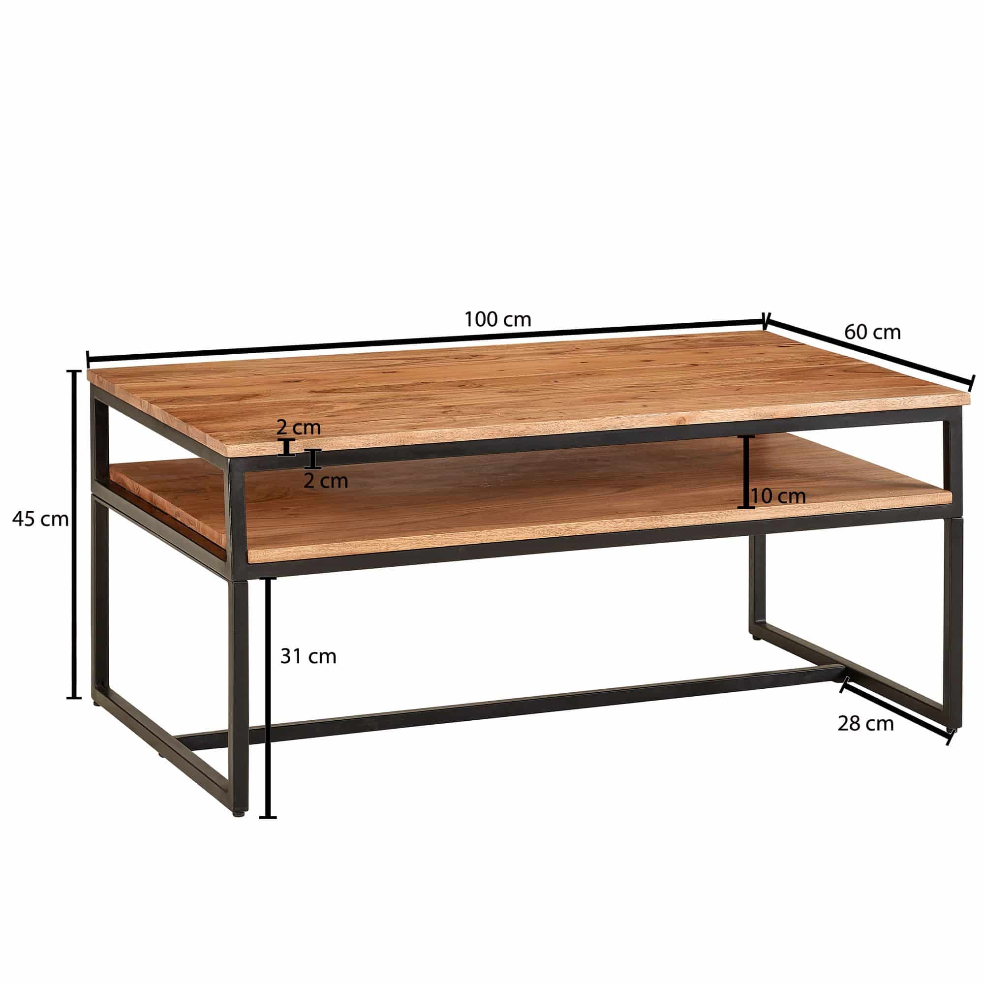 Couchtisch 100x60x45 cm Massivholz Metall Sofatisch Wohnzimmertisch Akazie Couchtisch 100x60x45 cm Massivholz Metall Sofatisch Wohnzimmertisch Akazie