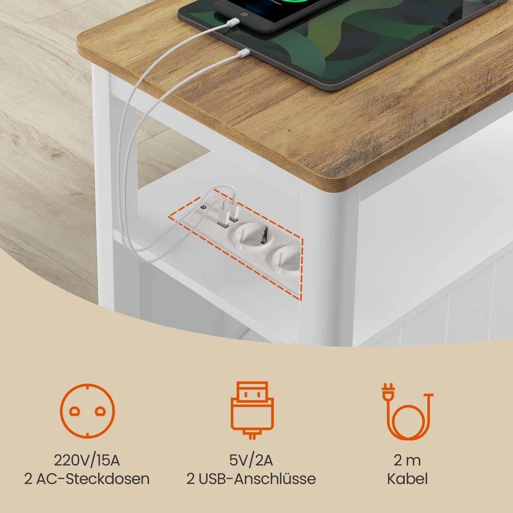 Beistelltisch, schmaler Nachttisch mit Steckdosenleiste, 2 Schubladen