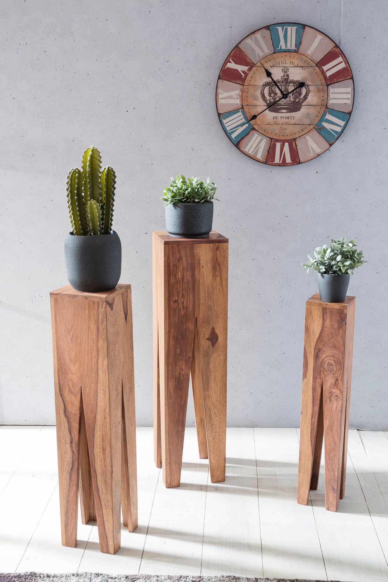 38579-WOHNLING-Beistelltisch-3er-Set-KADA-Massivh_4 Beistelltisch 3er Set Massivholz Akazie Wohnzimmer-Tisch Design Säulen Landhausstil Couchtisch quadratisch