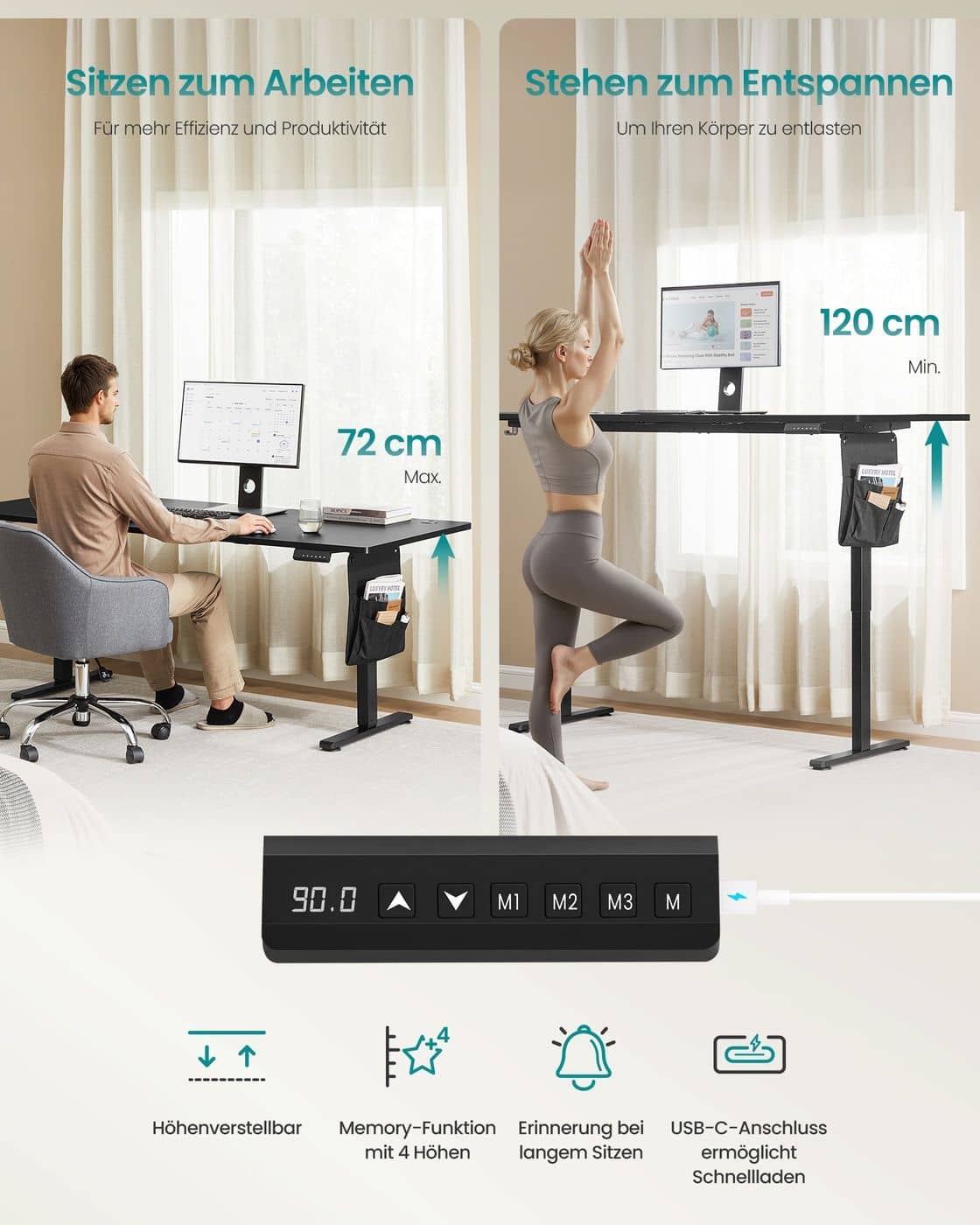 Höhenverstellbarer Schreibtisch elektrisch 180 x 80 cm tintenschwarz