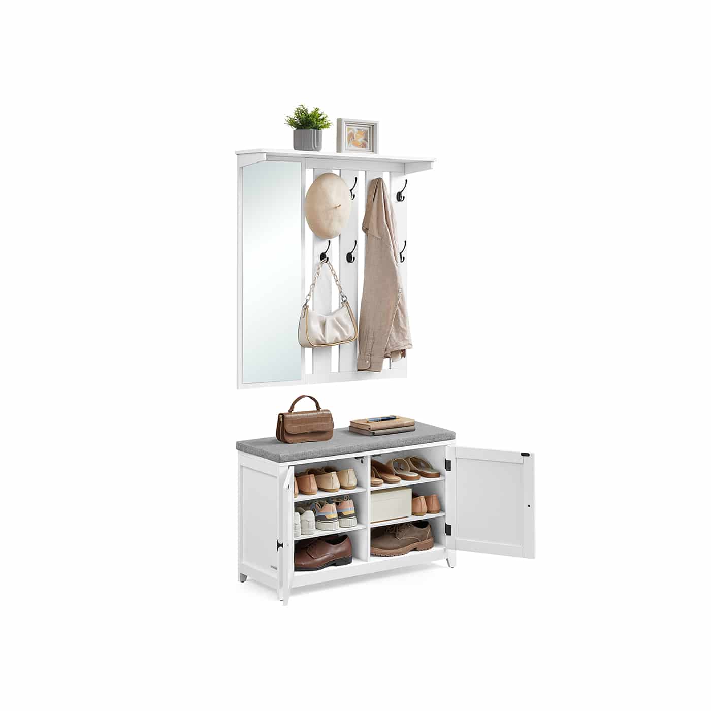 Schuhbank Wandgarderobe Set mit 8 Doppelhaken 82 cm breit