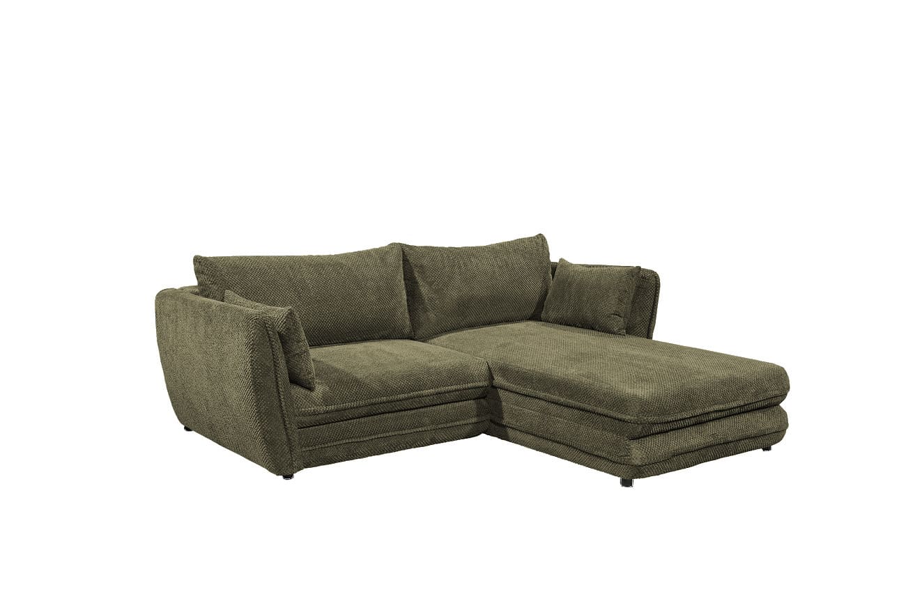 Kleines Ecksofa mit Schlaffunktion und Bettkasten Stanley Farbe olive – ED Exciting Design, beidseitig montierbar