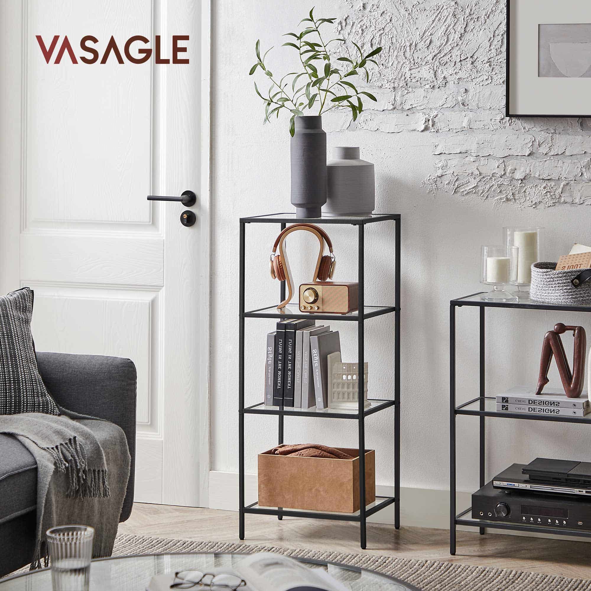 Standregal mit 4 Ablagen aus Hartglas Schwarz Standregal mit 4 Ablagen aus Hartglas Schwarz