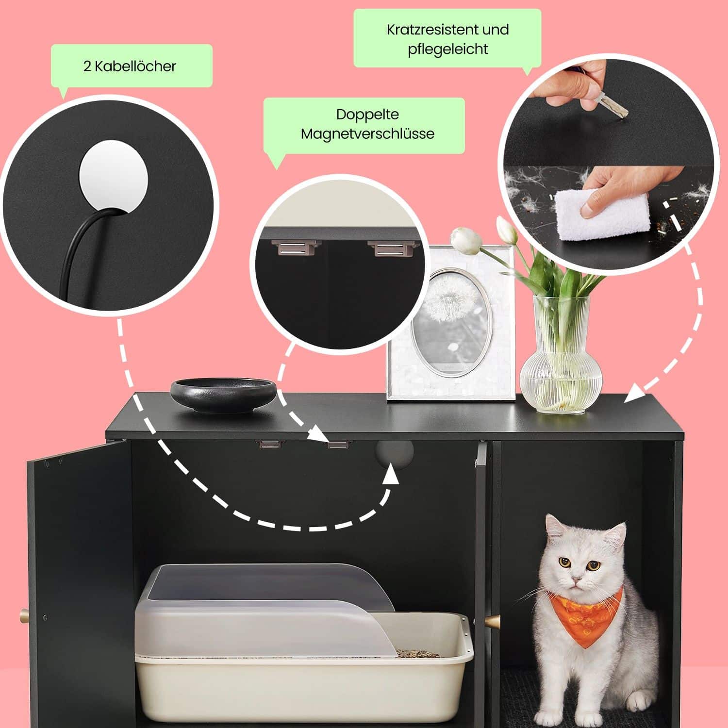 Katzenklo-Schrank mit Kratzmatte und Beinen goldfarben