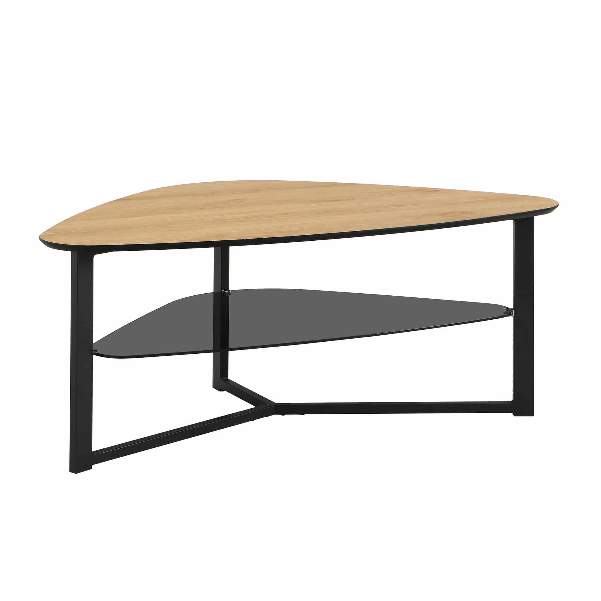 Couchtisch nierenförmig Eiche Optik 110 cm mit Glasablage & Metallgestell Couchtisch nierenförmig Eiche Optik 110 cm mit Glasablage & Metallgestell