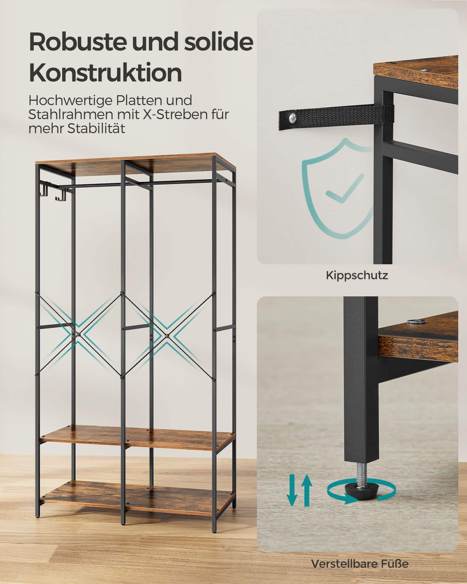 Kleiderschrank offen mit Kleiderstange vintagebraun Kleiderschrank offen mit Kleiderstange vintagebraun