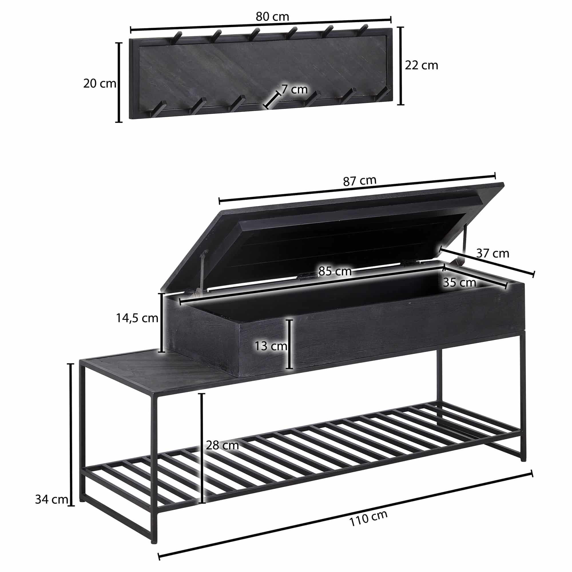72602-Wohnling-Sitzbank-mit-Wandgarderobe-Schwarz-WL6-637-WL6-637 Sitzbank mit Wandgarderobe Schwarz Mango Massivholz Schuhbank 110 cm