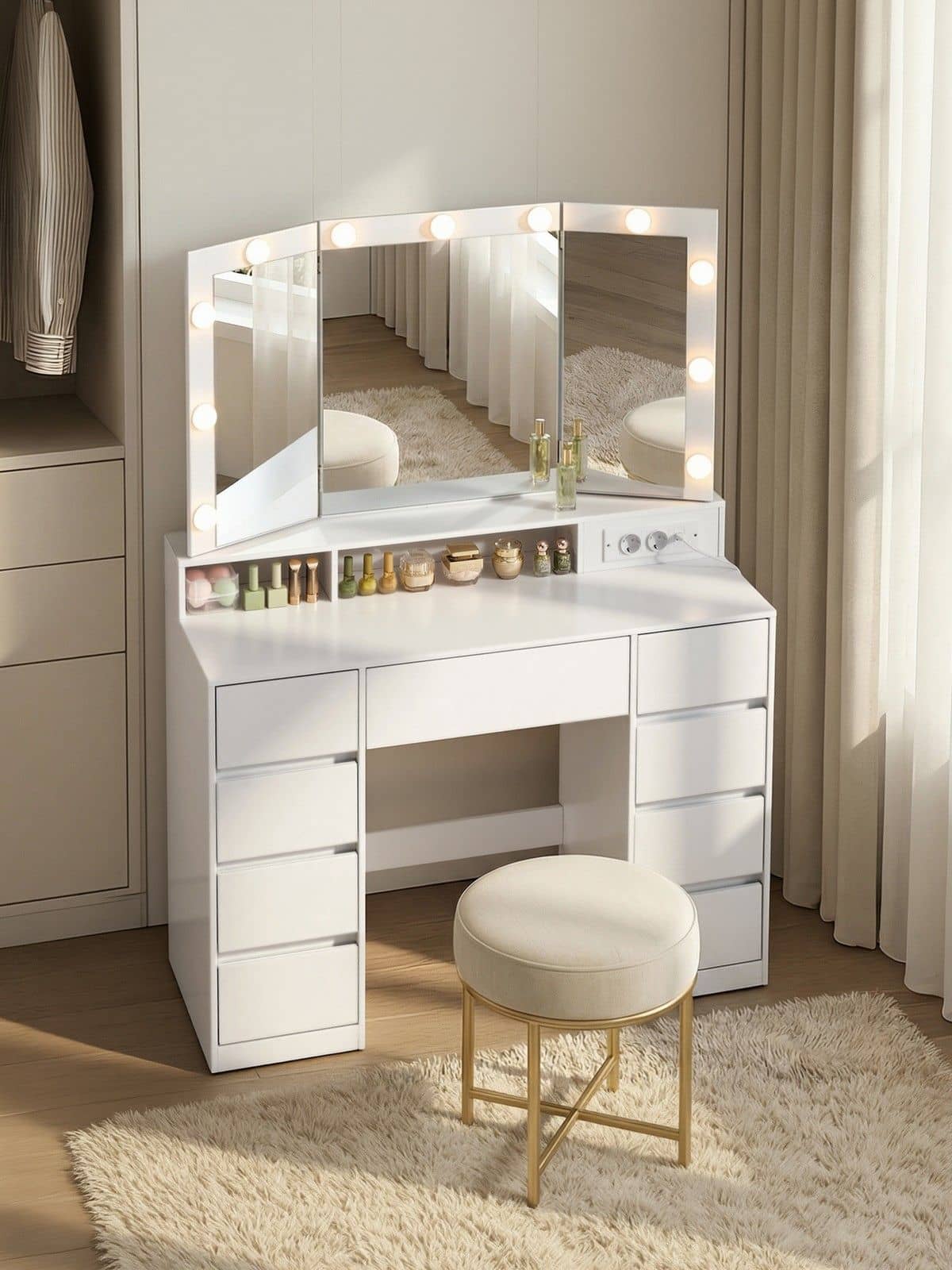 Schminktisch mit LED-Beleuchtung, Frisiertisch mit Klappspiegel, Schubladen