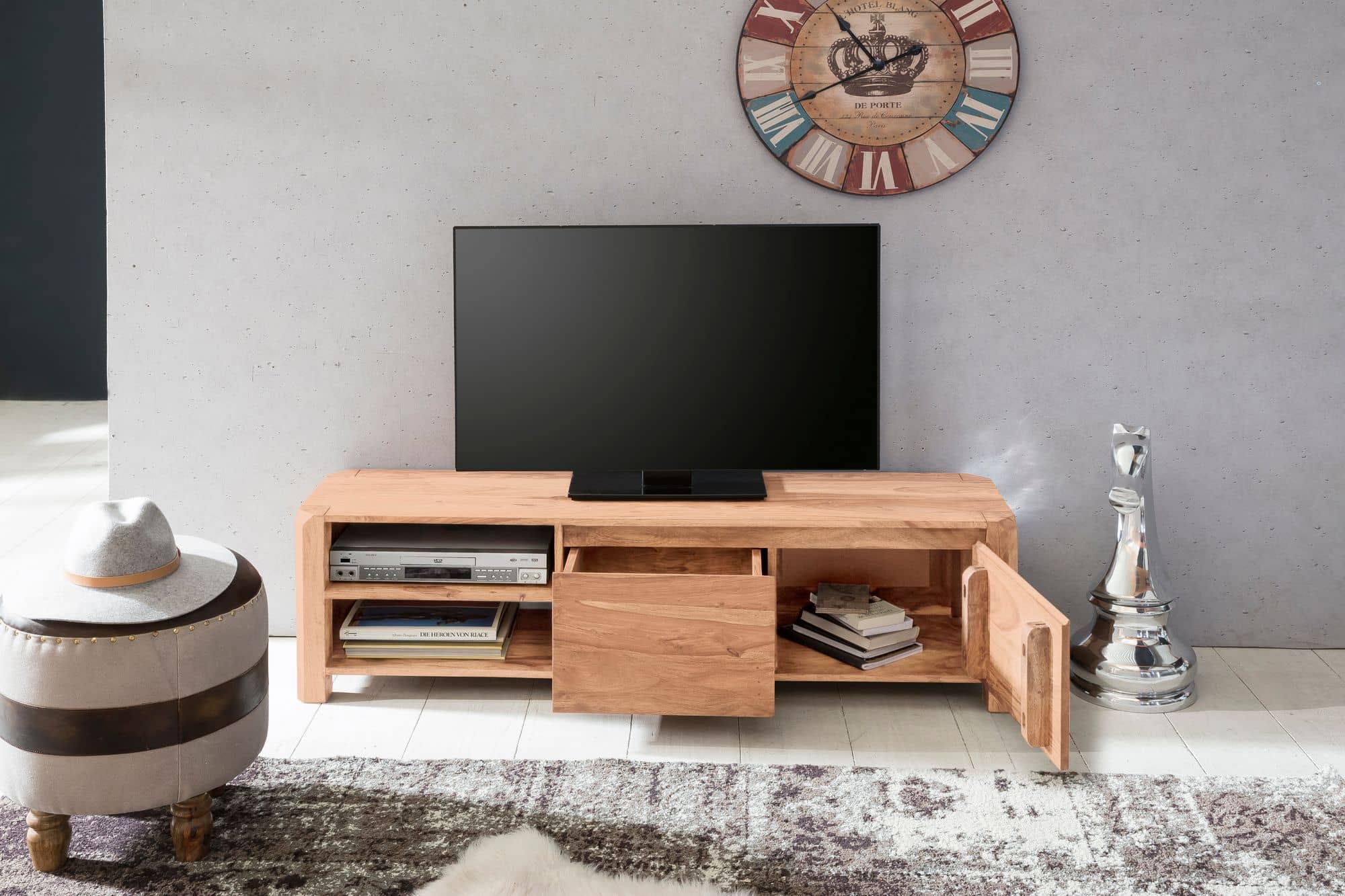 Lowboard BOHA Massivholz Akazie Kommode 140 cm TV-Board Ablage-Fächer Landhaus-Stil Unterschrank 40 cm TV-Möbel Lowboard BOHA Massivholz Akazie Kommode 140 cm TV-Board Ablage-Fächer Landhaus-Stil Unterschrank 40 cm TV-Möbel