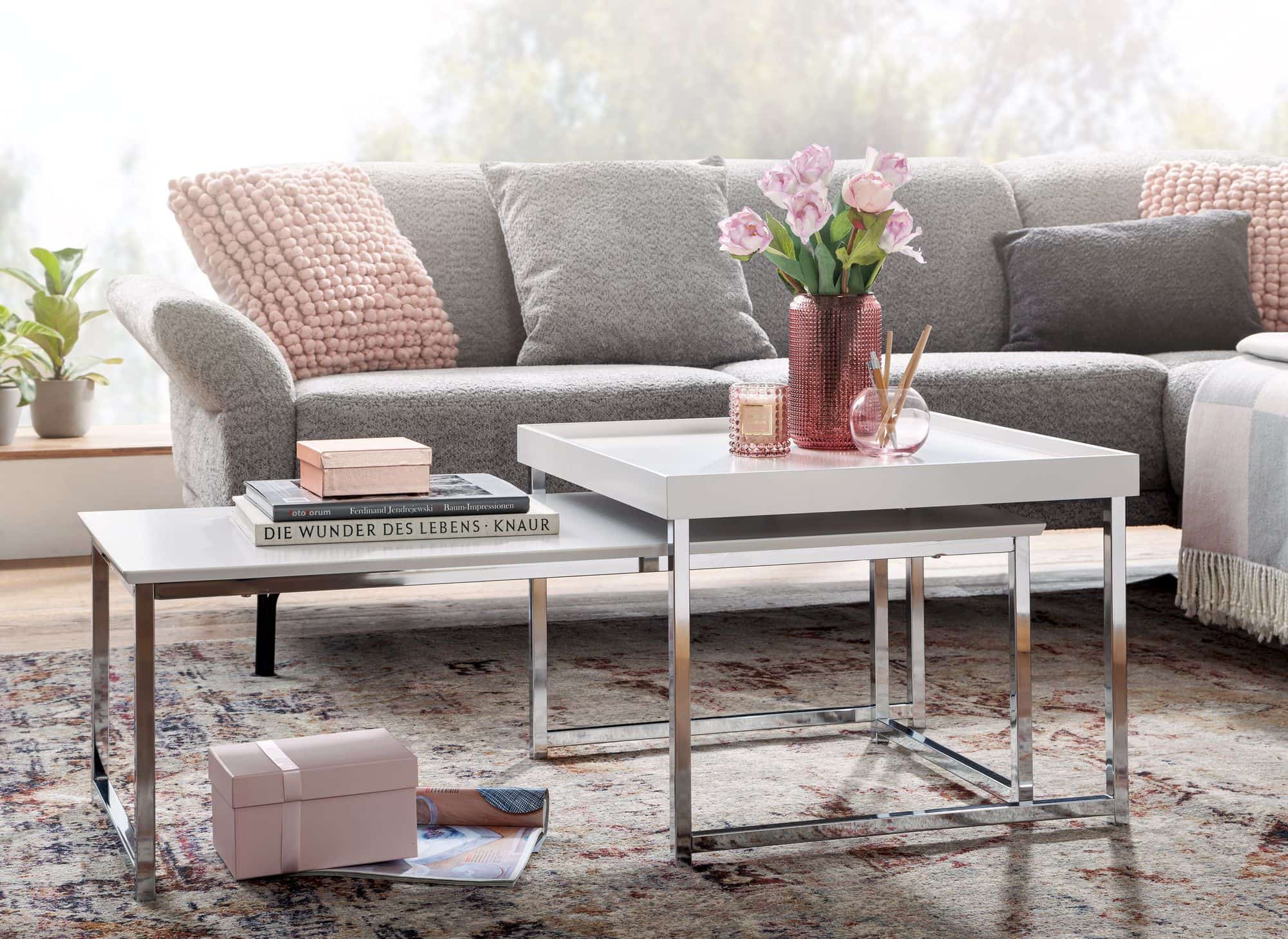 Couchtisch 2er Set Holz / Metall Sofatisch Eckig Weiß Modern Couchtisch 2er Set Holz / Metall Sofatisch Eckig Weiß Modern