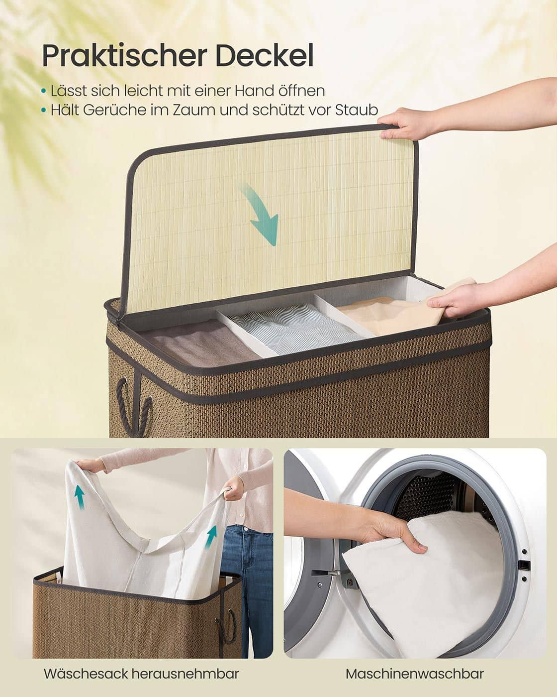 Wäschekorb 170 Liter aus Bambus mit 3 Fächern und Deckel braun