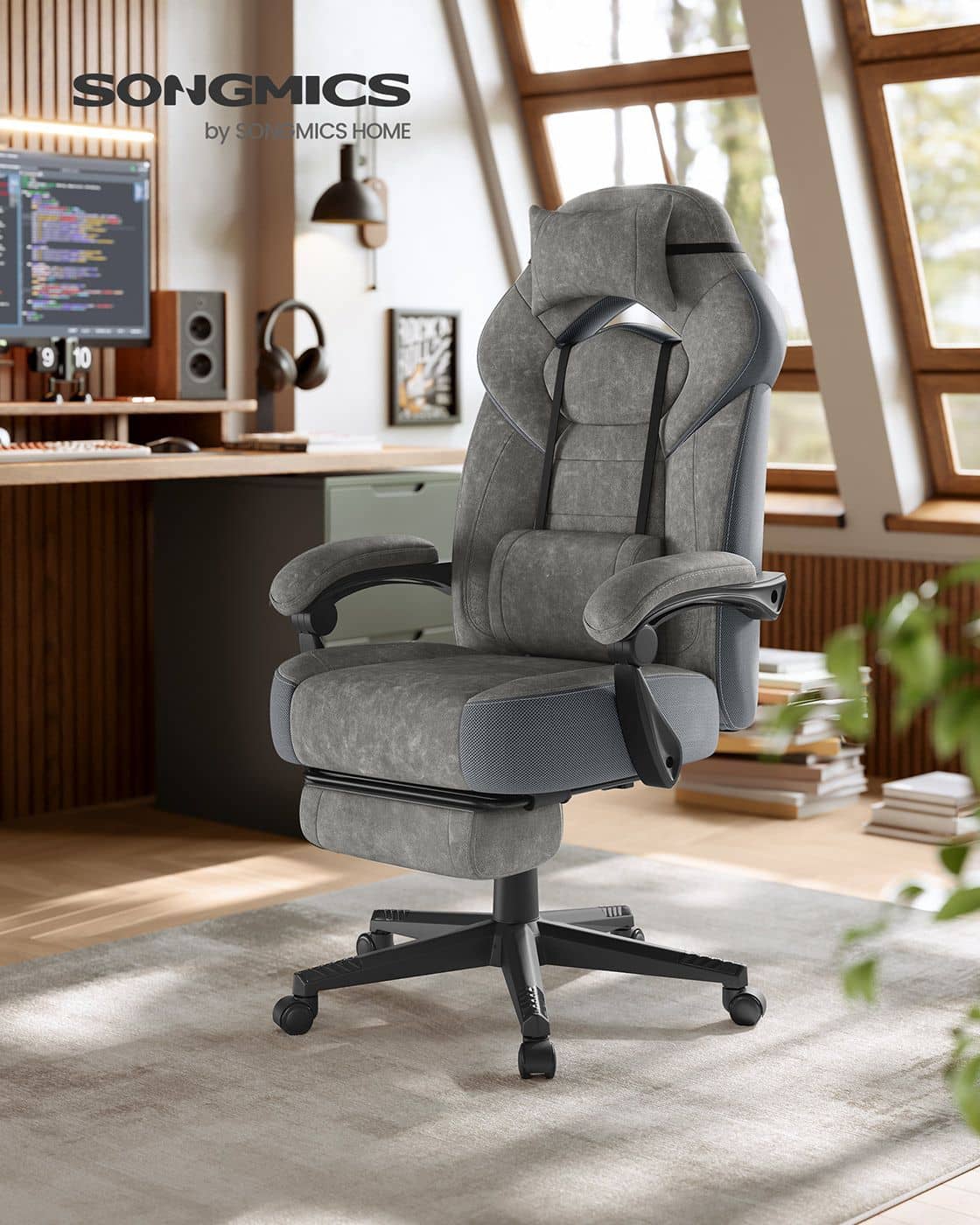Gaming-Stuhl mit Fußstütze und verstellbarem Kopfkissen schiefergrau Gaming-Stuhl mit Fußstütze und verstellbarem Kopfkissen schiefergrau