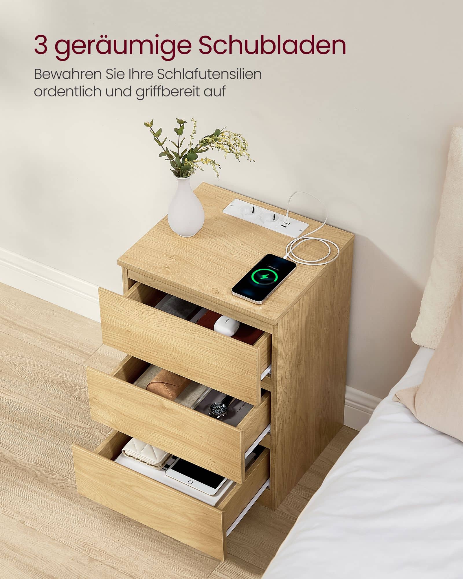 Nachttisch modern mit 3 Schubladen strohgelb Nachttisch modern mit 3 Schubladen strohgelb