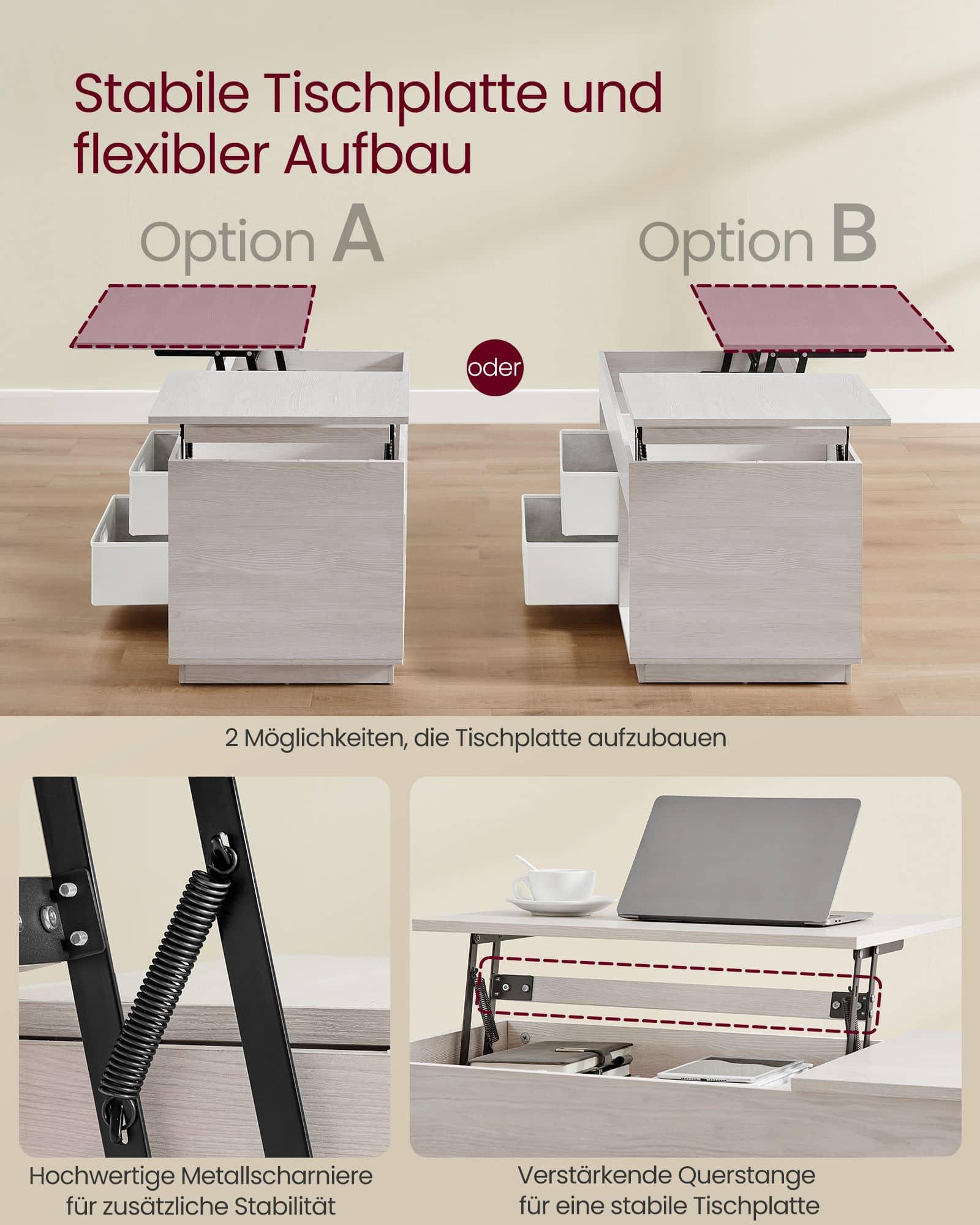 Couchtisch mit 2 Schubladen und Fächern haferflockenbeige