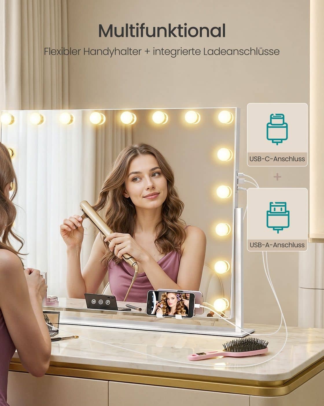 Schminkspiegel mit Beleuchtung und 18 LED-Glühbirnen mattweiß