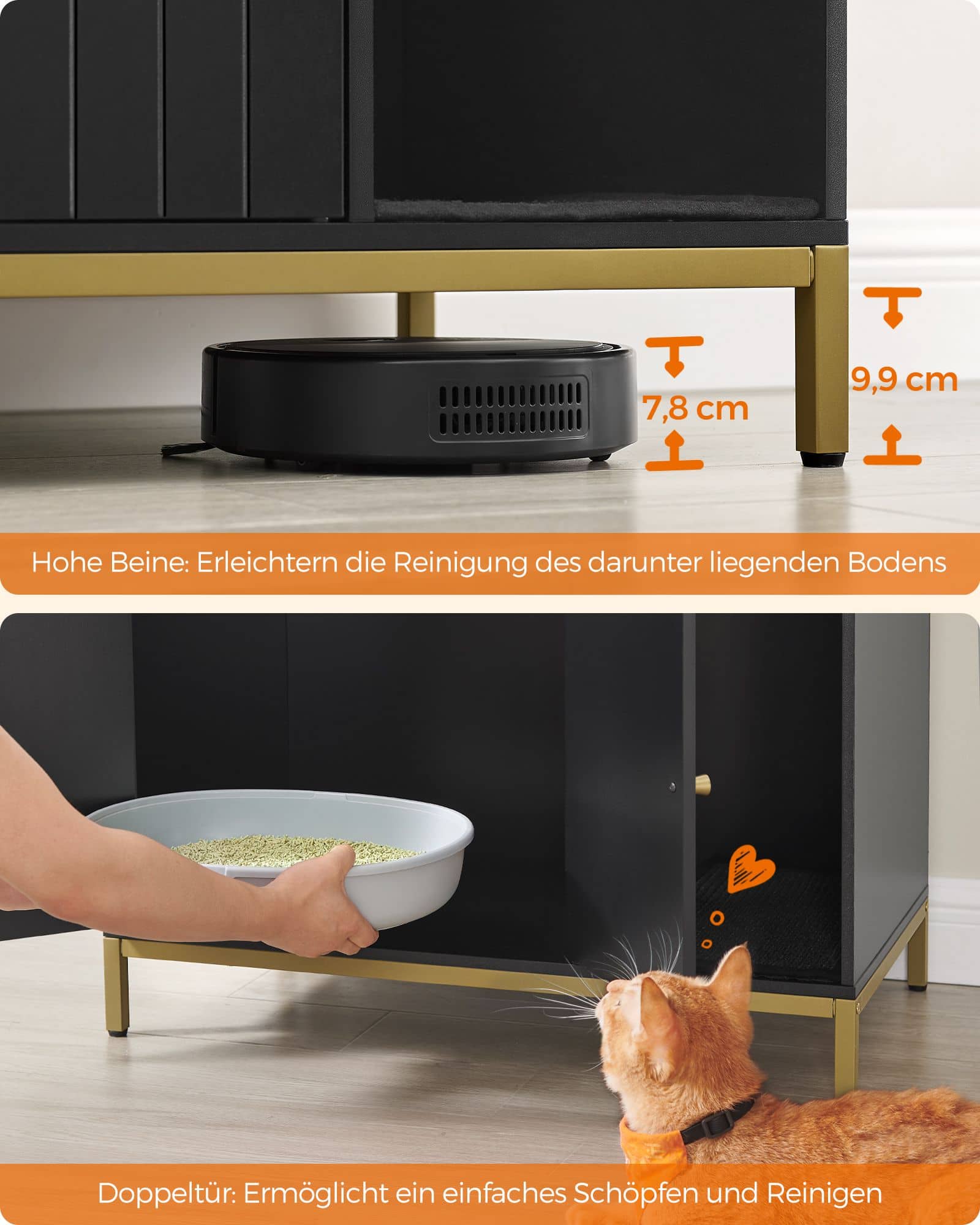 Katzenklo-Schrank mit Kratzmatte und Beinen goldfarben Katzenklo-Schrank mit Kratzmatte und Beinen goldfarben