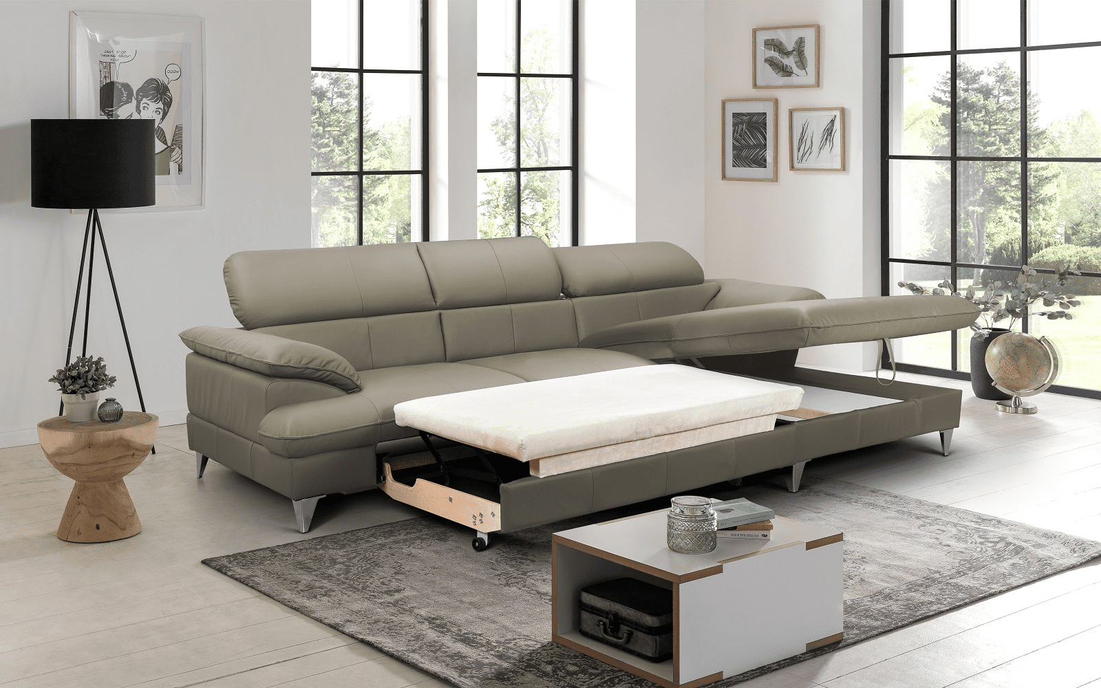 David Ecksofa Echtleder – Schlafsofa mit Bettkasten