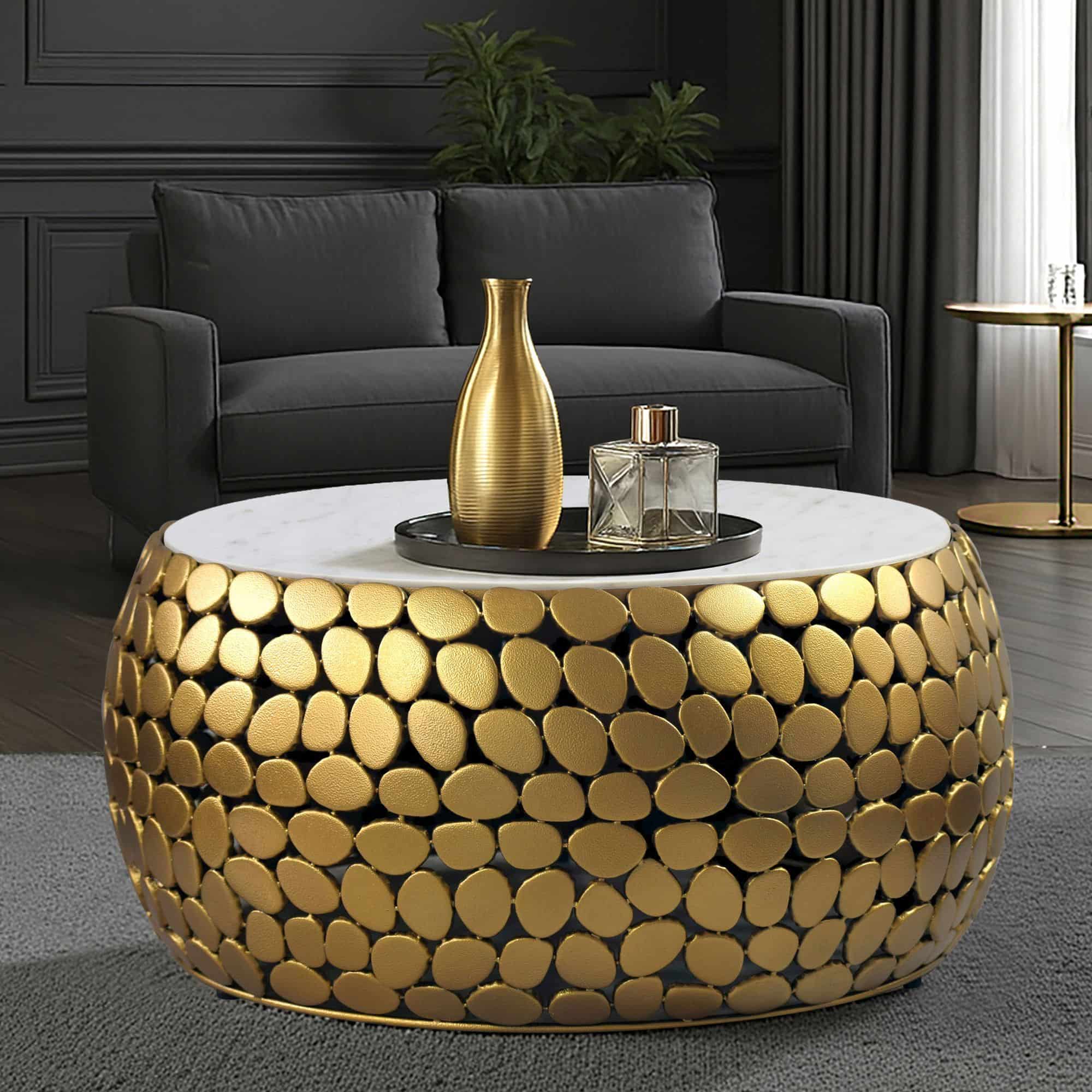 Design Couchtisch rund 66 cm aus Aluminium gold und weißer Marmor Tischplatte - Wohnzimmertisch Alu - Metall Sofatisch - Beistelltisch Wohnzimmer - Handmade Design Couchtisch rund 66 cm aus Aluminium gold und weißer Marmor Tischplatte - Wohnzimmertisch Alu - Metall Sofatisch - Beistelltisch Wohnzimmer - Handmade