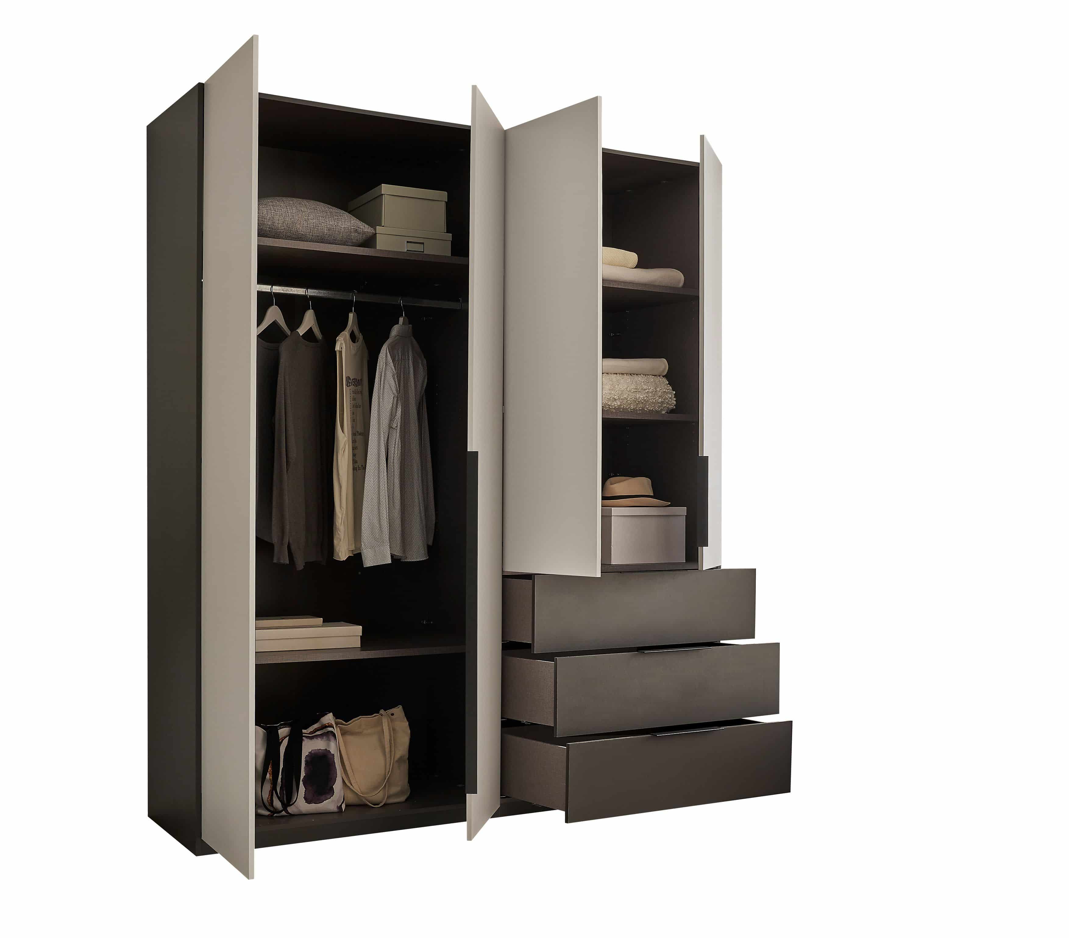 Kombi-Kleiderschrank Nuka von SchlafKONTOR – 4 Türen, 3 Schubladen, moderner Kleiderschrank in graphit & hellgrau Kombi-Kleiderschrank Nuka von SchlafKONTOR – 4 Türen, 3 Schubladen, moderner Kleiderschrank in graphit & hellgrau