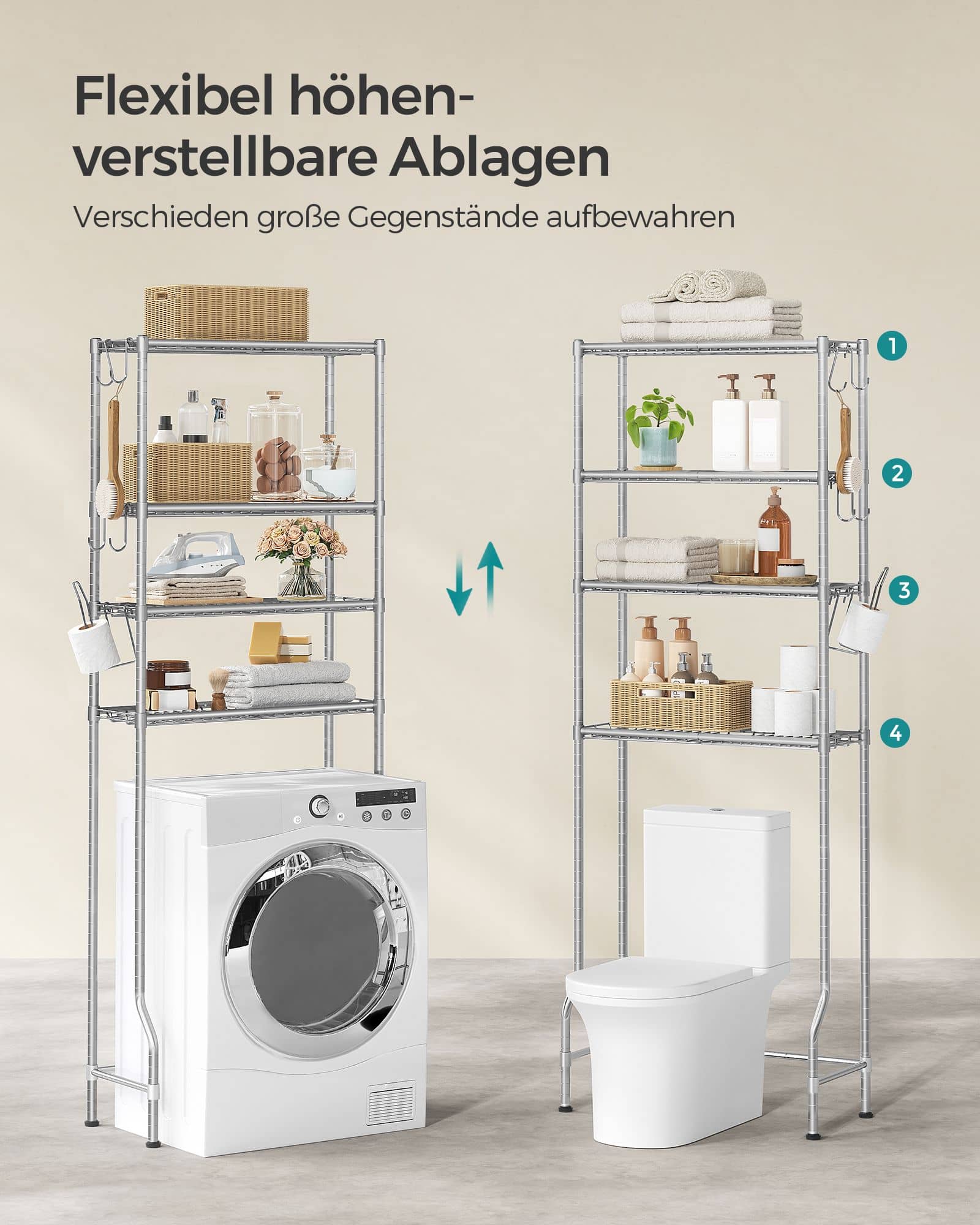 4-stöckiges Toilettenregal mit Ablagen Haken taubengrau 4-stöckiges Toilettenregal mit Ablagen Haken taubengrau
