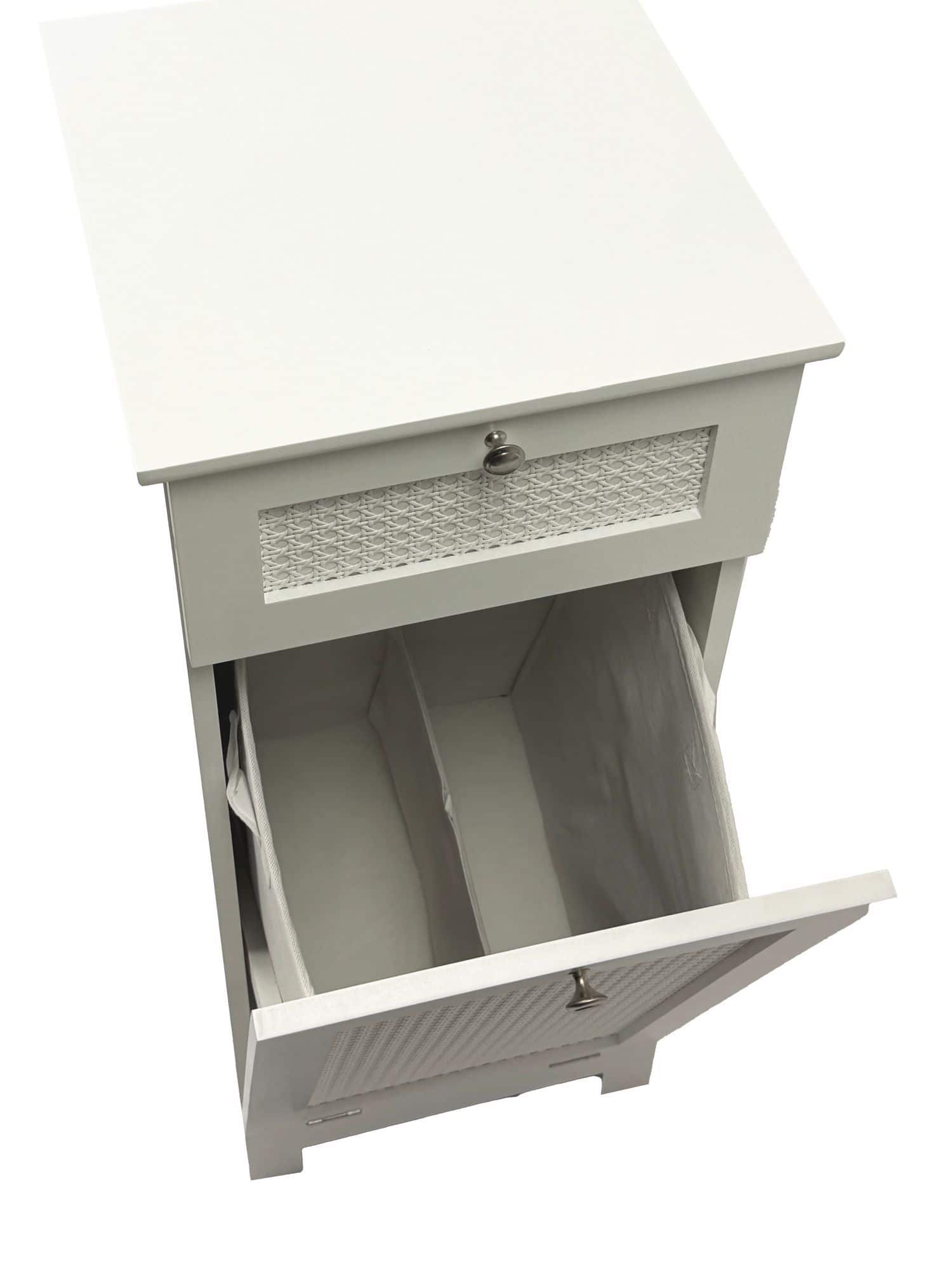 Wäscheschrank Weiß 38x90x40 cm Ratten Geflecht Nischenschrank Bad - Schmaler Wäschekipper mit Klapptür und Schublade - Badschrank Wäschesammler Badezimmer