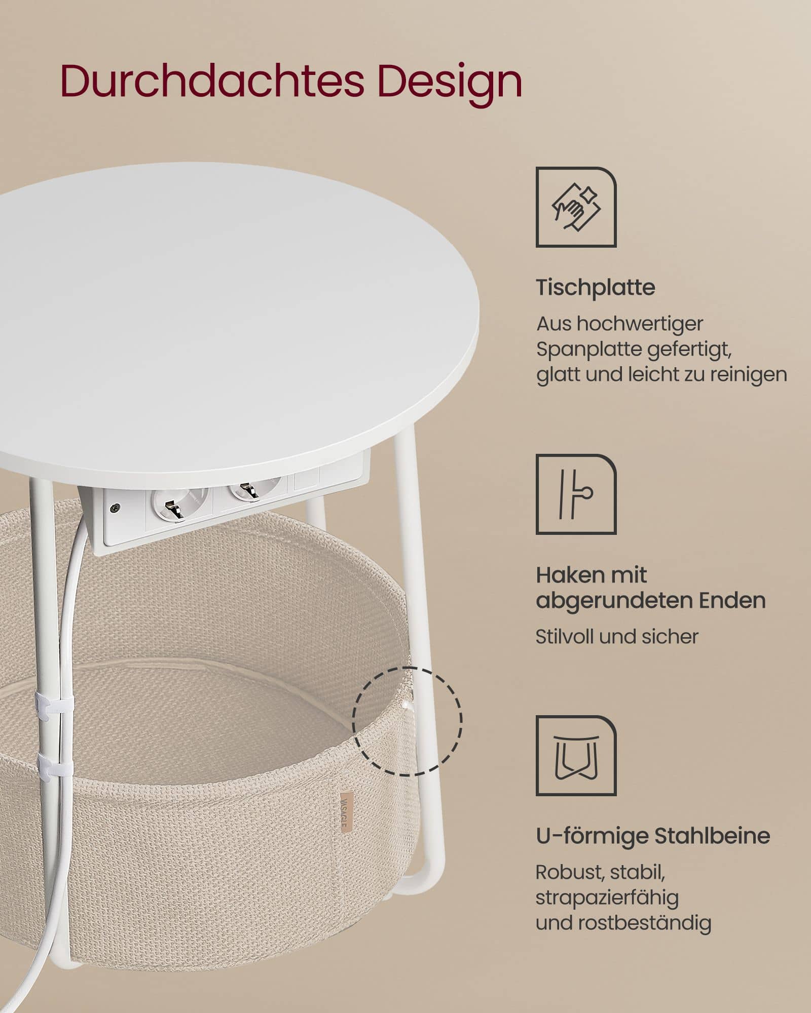 Beistelltisch mit Ladestation und Steckdose mattweiß-kamelbraun Beistelltisch mit Ladestation und Steckdose mattweiß-kamelbraun