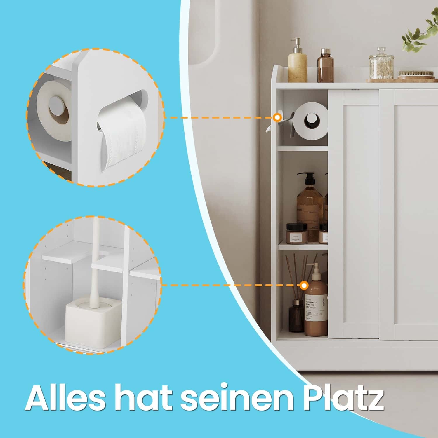 Schmaler Badschrank mit Schiebetüren, verstellbaren Einlegeböden und Toilettenpapierhalter, für Badezimmer neben der Toilette Schmaler Badschrank mit Schiebetüren, verstellbaren Einlegeböden und Toilettenpapierhalter, für Badezimmer neben der Toilette