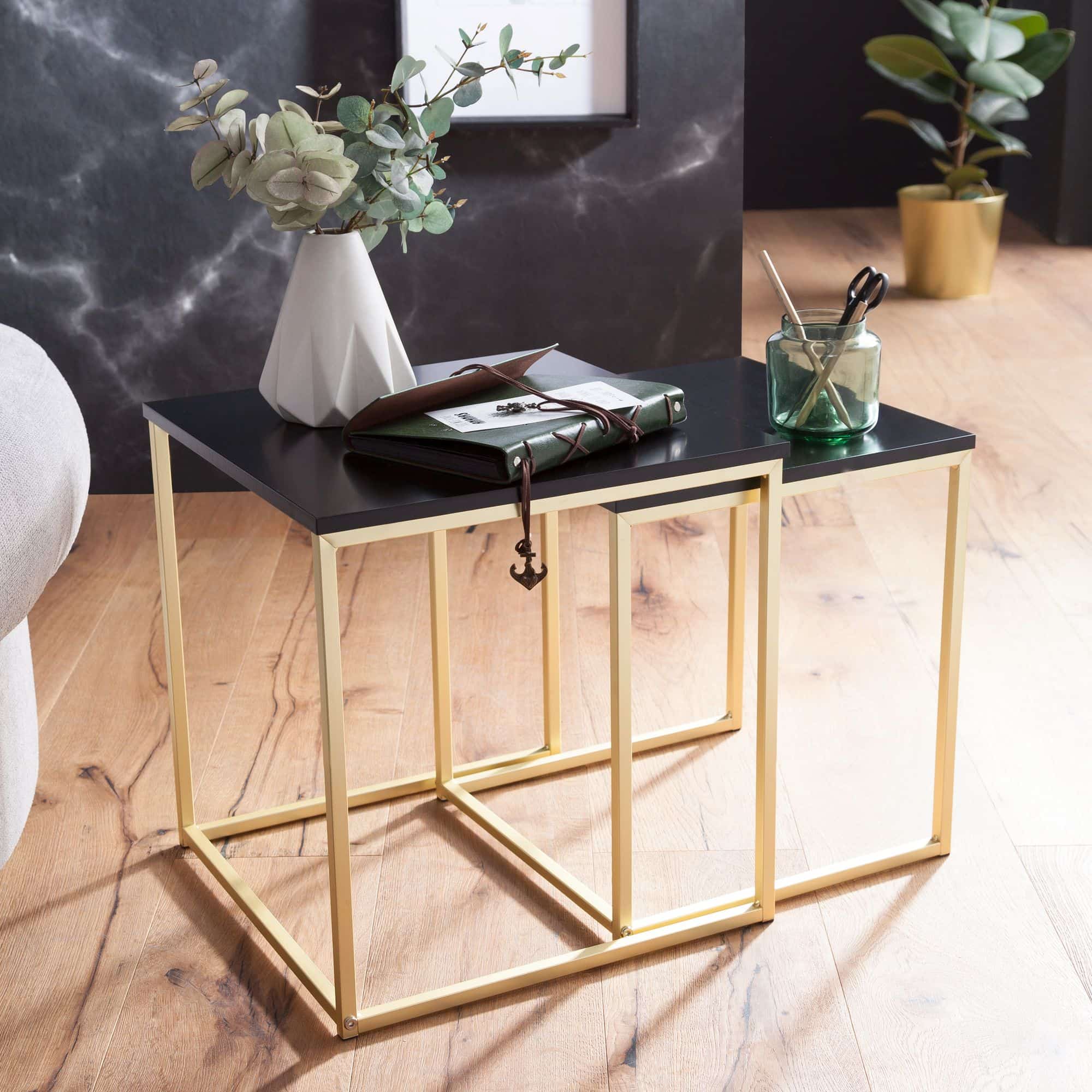 47921-WOHNLING-Satztisch-CALA-Schwarz-matt-Gold_1 Satztisch CHUR Schwarz / Gold Beistelltisch MDF / Metall