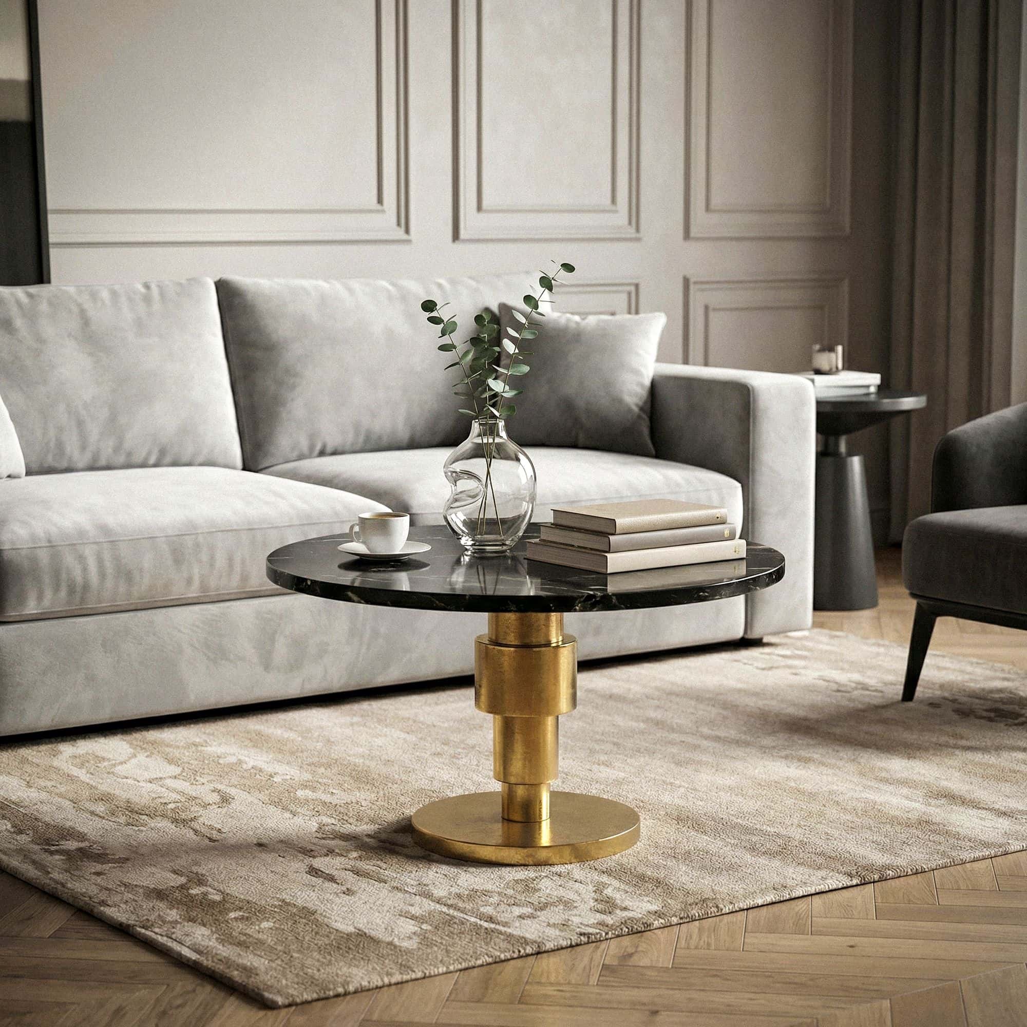 Couchtisch Gold 60cm mit schwarzer Marmor Tischplatte - Wohnzimmertisch rund - Sofatisch Alu modern - Beistelltisch Aluminium - Design Tisch Wohnzimmer Metallgestell Handmade