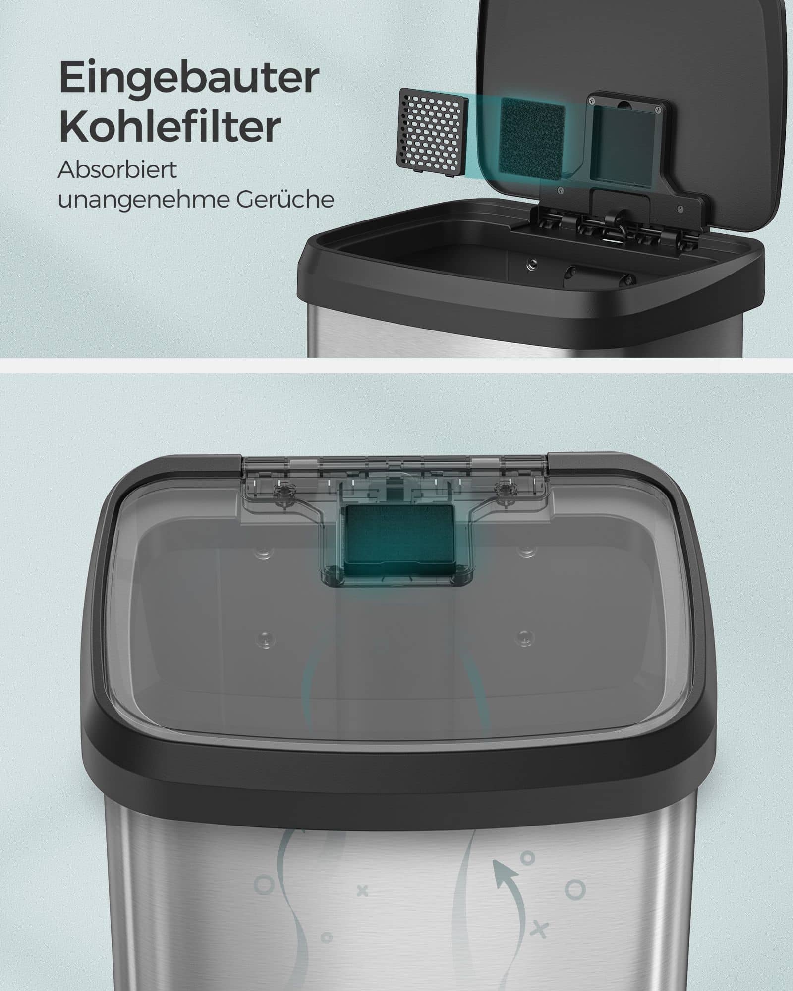 Mülleimer Küche 68 Liter aus Metall mit Deckel silbern-schwarz Mülleimer Küche 68 Liter aus Metall mit Deckel silbern-schwarz