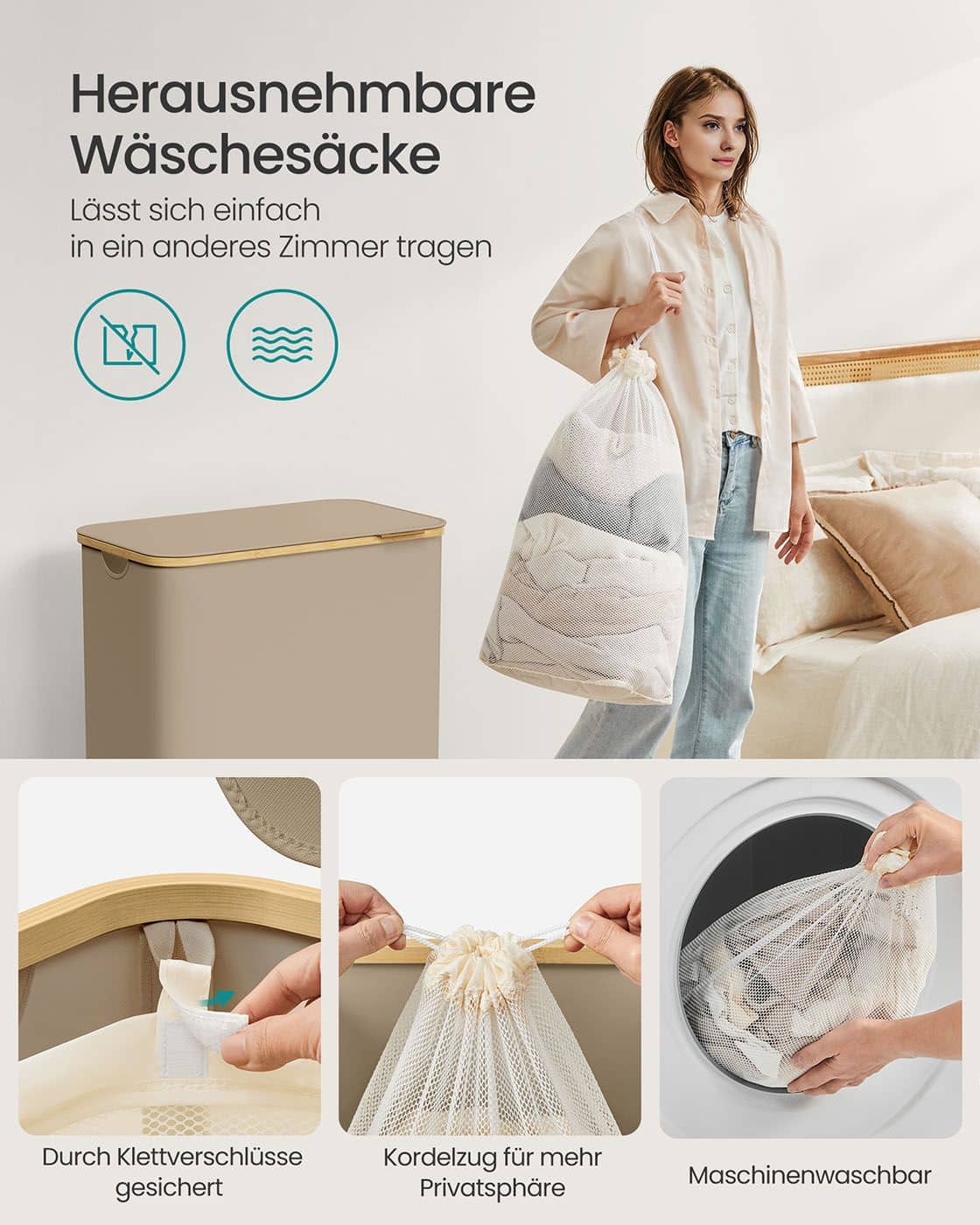 Wäschekorb 150 L mit Deckel und 3 Fächern 60 x 38,5 x 70,5 cm kamelbraun Wäschekorb 150 L mit Deckel und 3 Fächern 60 x 38,5 x 70,5 cm kamelbraun
