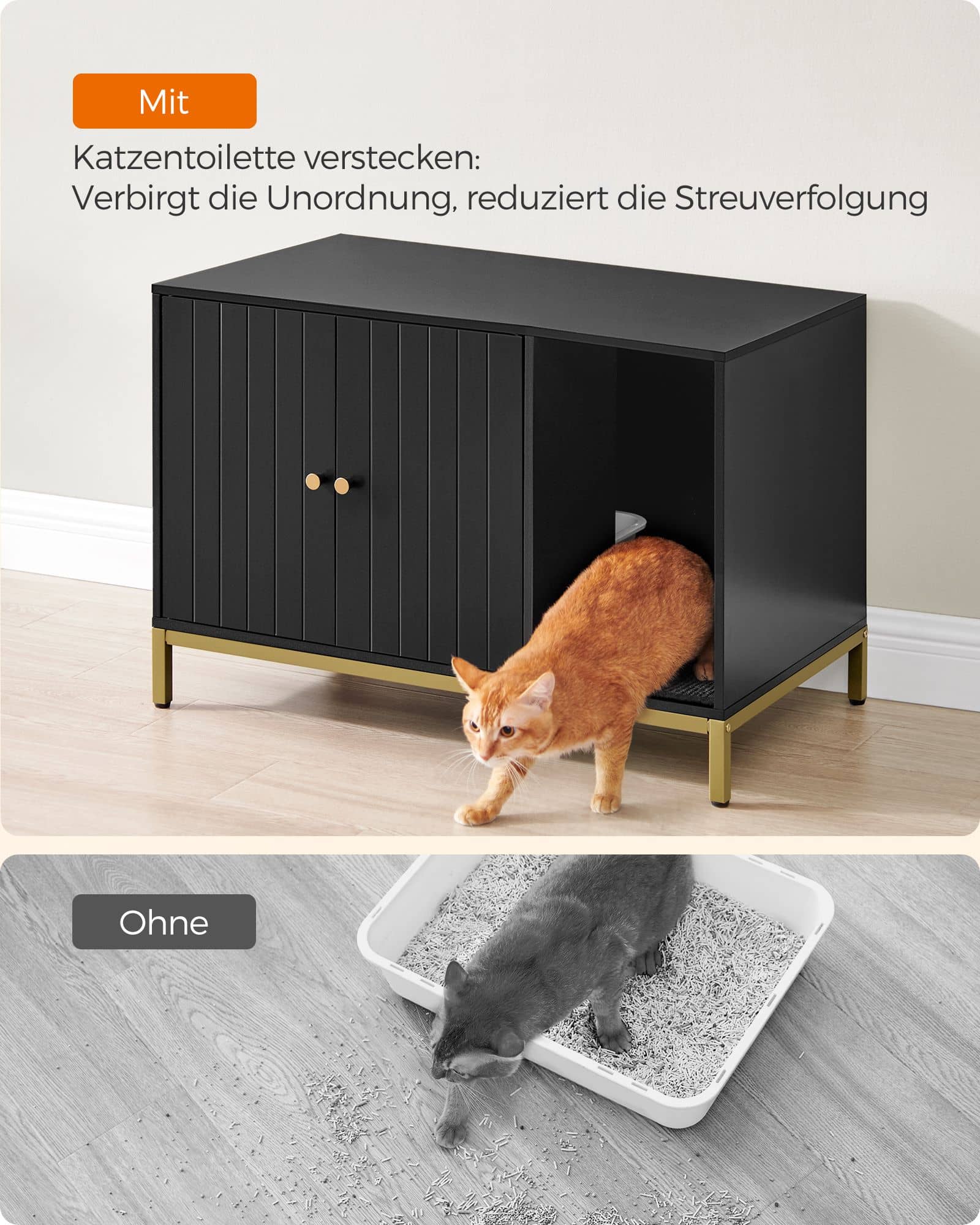 Katzenklo-Schrank mit Kratzmatte und Beinen goldfarben Katzenklo-Schrank mit Kratzmatte und Beinen goldfarben