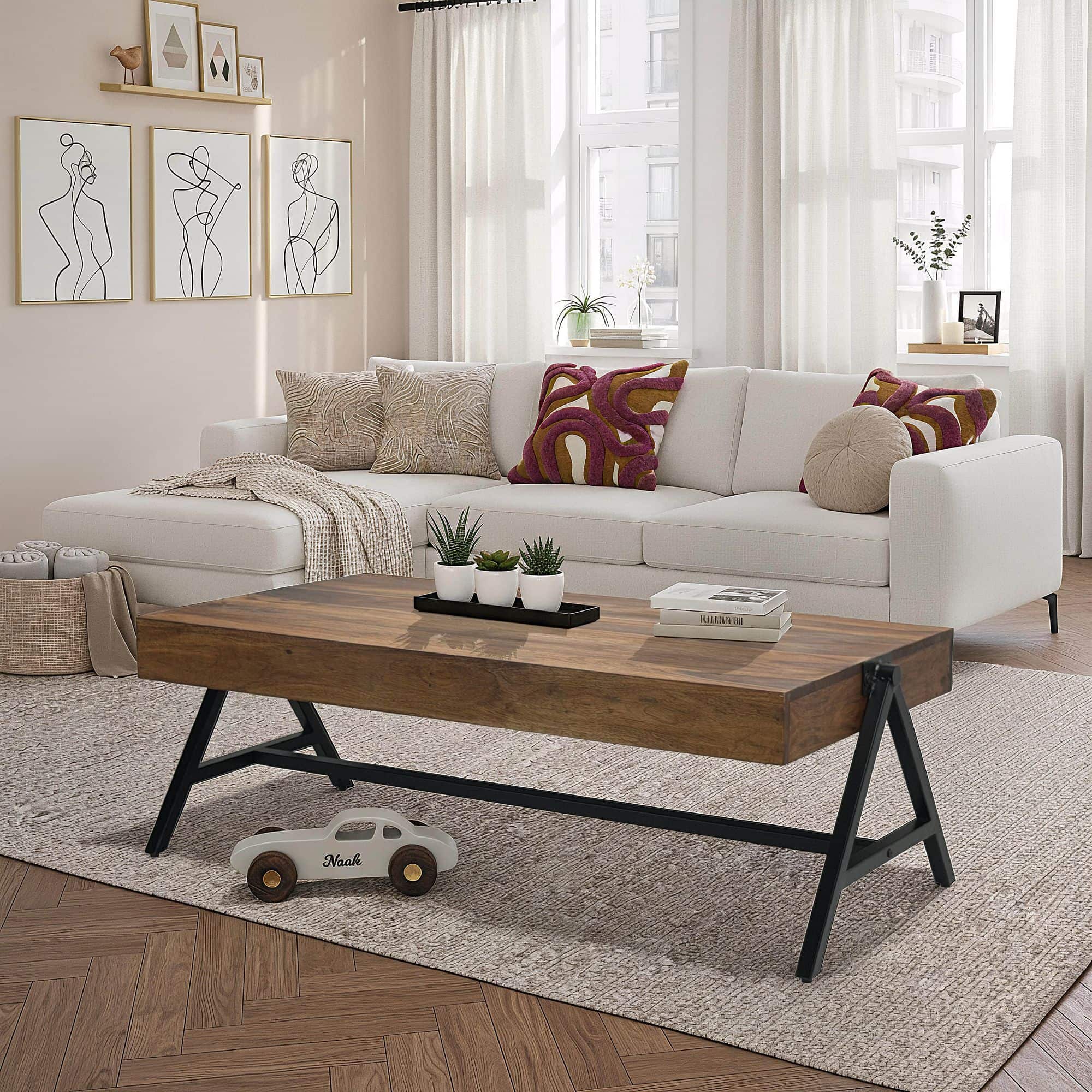 Couchtisch Sheesham Massivholz rechteckig 120cm · Wohnzimmertisch mit Metallgestell · Handgefertigter Sofatisch im modernen Industrial Design mit stabiler Tischplatte Couchtisch Sheesham Massivholz rechteckig 120cm · Wohnzimmertisch mit Metallgestell · Handgefertigter Sofatisch im modernen Industrial Design mit stabiler Tischplatte