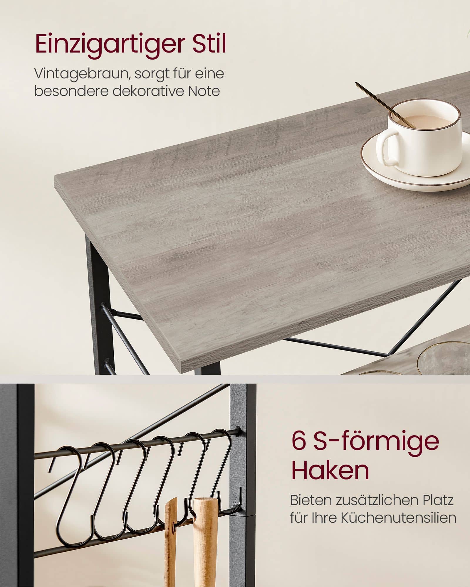 VASAGLE Küchenregal 3 Ebenen Rollen Greige-Schwarz VASAGLE Küchenregal 3 Ebenen Rollen Greige-Schwarz