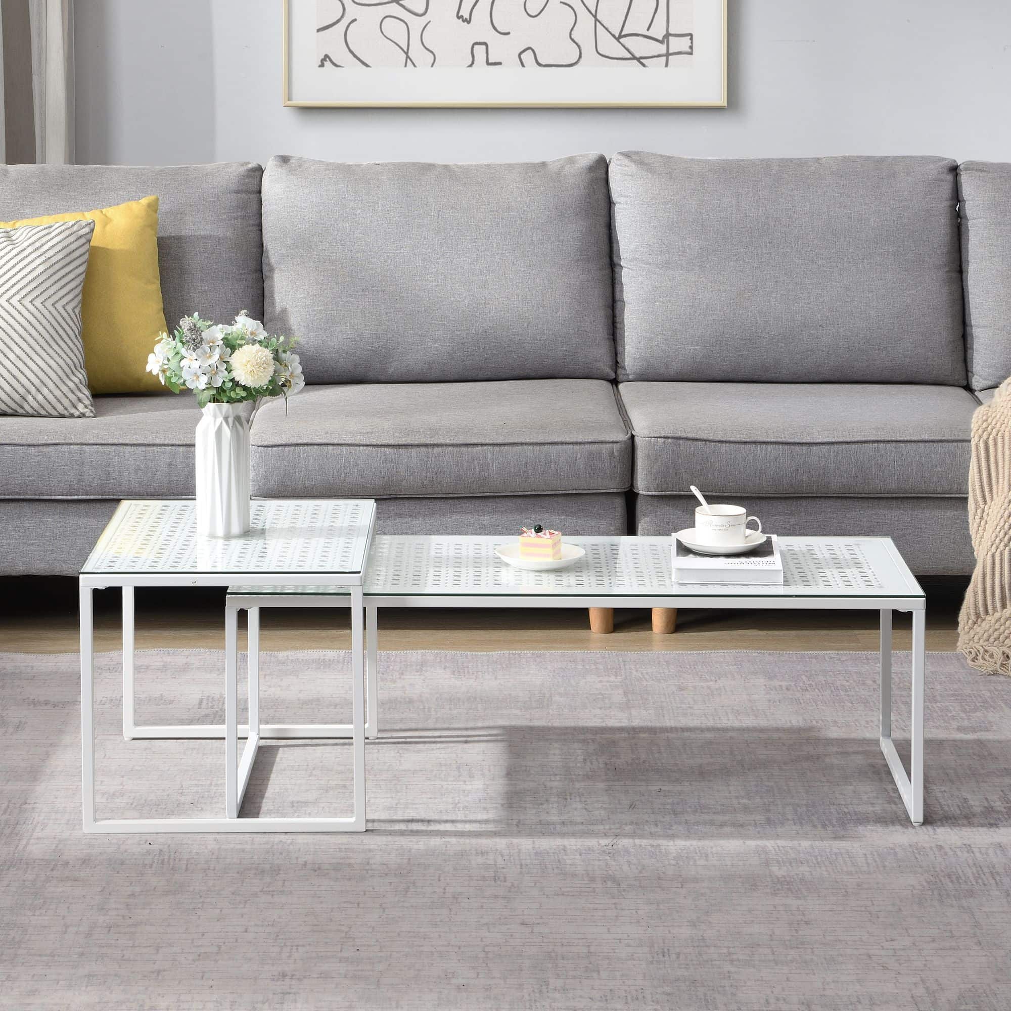 Satztisch Glas Metall 2er Set Modern Couchtisch Weiß