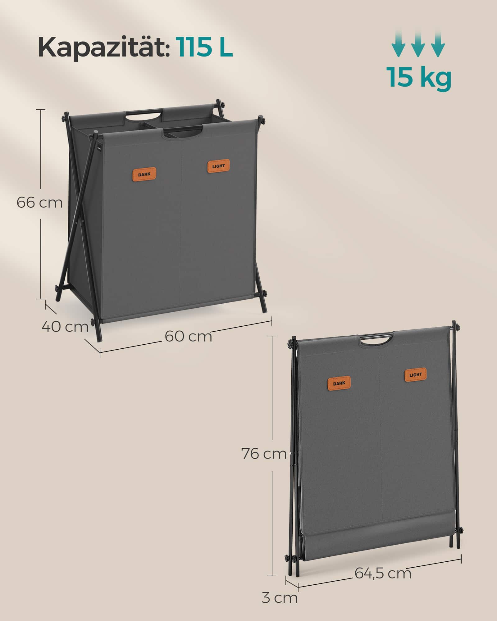 Wäschekorb 115 Liter mit 2 Fächern schiefergrau Wäschekorb 115 Liter mit 2 Fächern schiefergrau