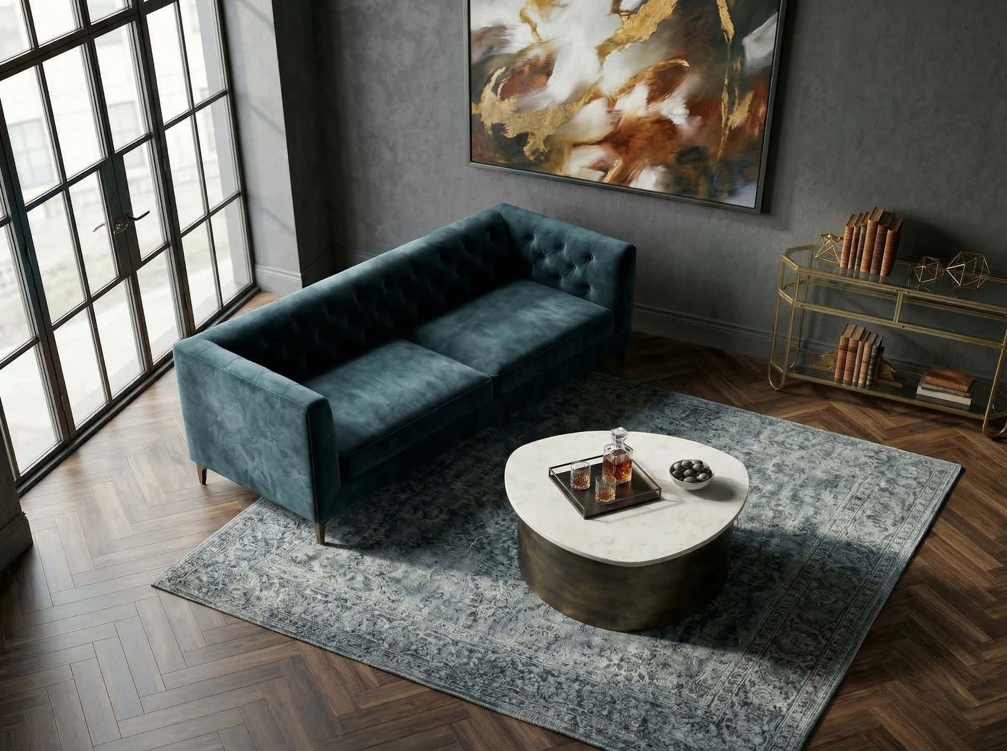 Couchtisch Gold 63cm mit weißer Marmor Tischplatte - Wohnzimmertisch Alu organische Form - Sofatisch Aluminium modern - Design Beistelltisch Metallgestell Handmade